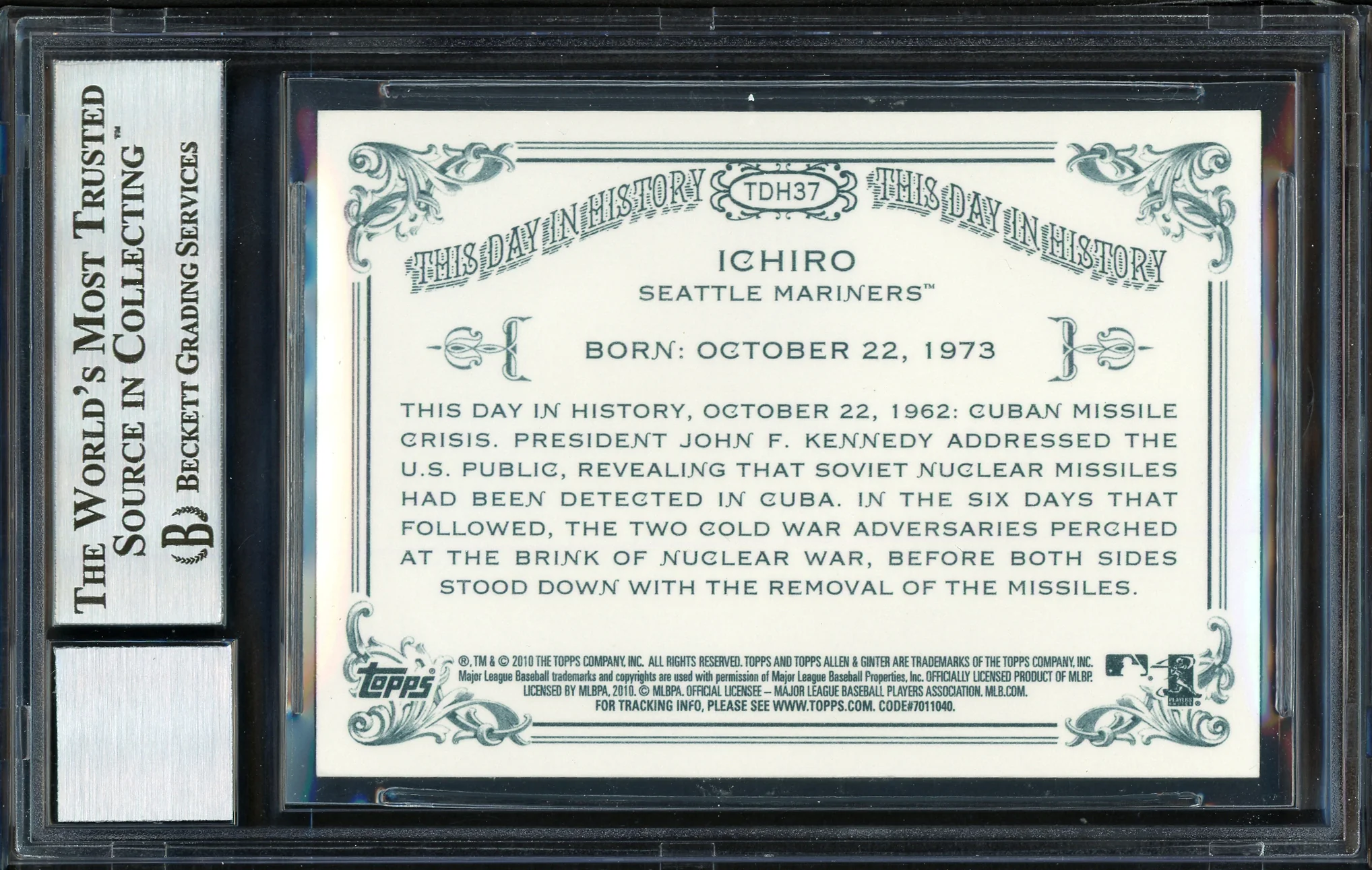 Ichiro Suzuki Autographed 2010 Topps Allen & Ginter This Day In History Card #TDH37 Seattle Mariners Auto Grade 10 Beckett BAS Stock #189881 - Image 2