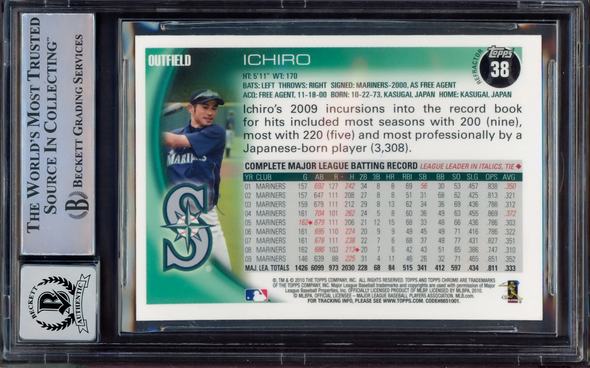 Ichiro Suzuki Autographed 2010 Topps Chrome Refractors Card #38 Seattle Mariners Auto Grade Gem Mint 10 "01 ROY/MVP" Beckett BAS #15497852 - Image 2