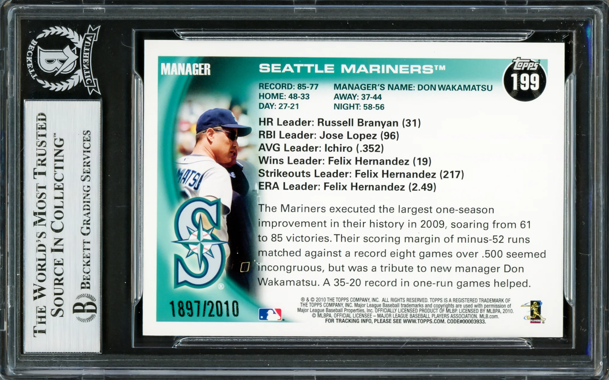 Ichiro Suzuki Autographed 2010 Topps Gold Card #199 Seattle Mariners Beckett BAS #16705091 - Image 2