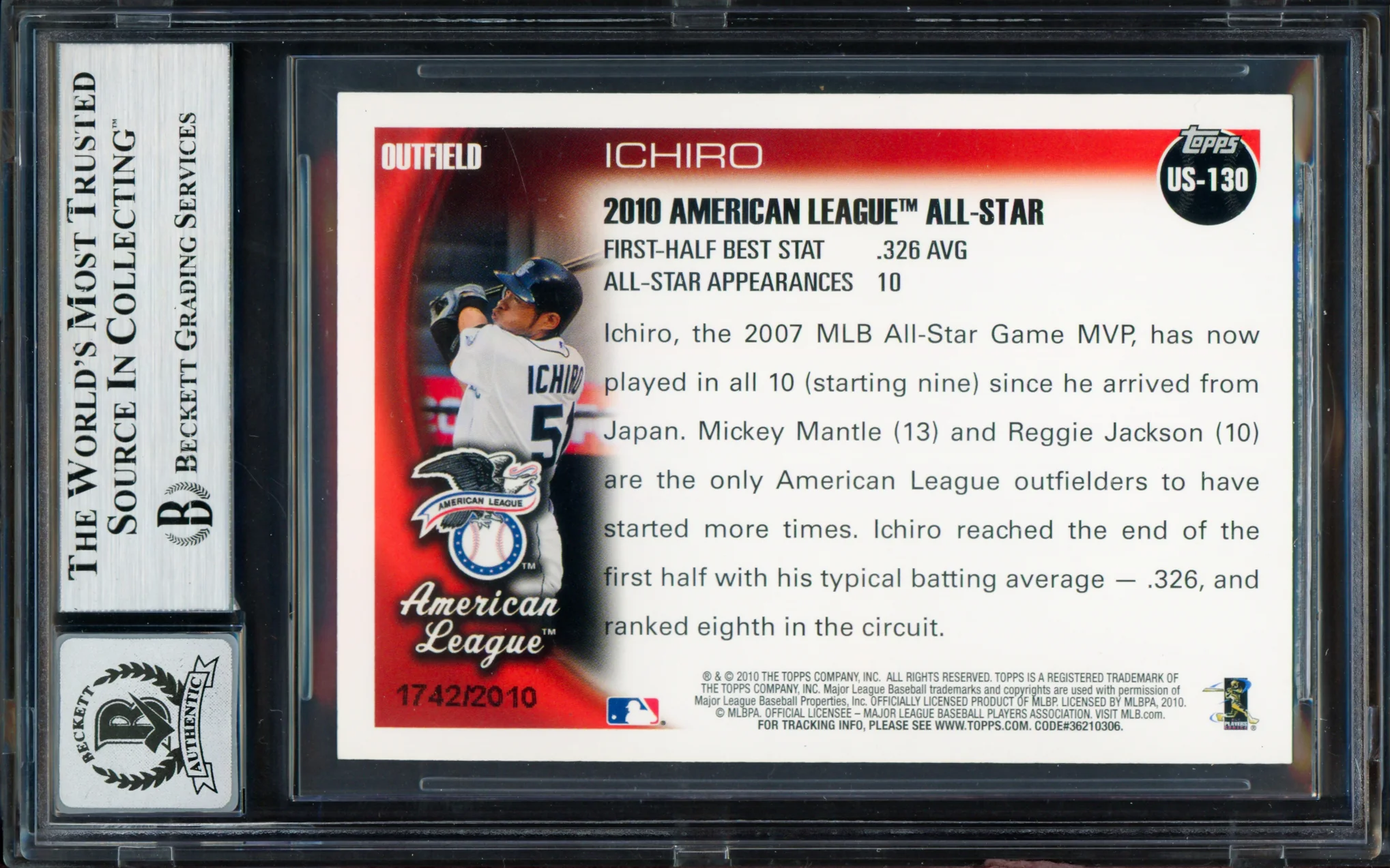 Ichiro Suzuki Autographed 2010 Topps Update Gold Card #US-130 Seattle Mariners Auto Grade Gem Mint 10 Beckett BAS #19658581 - Image 2