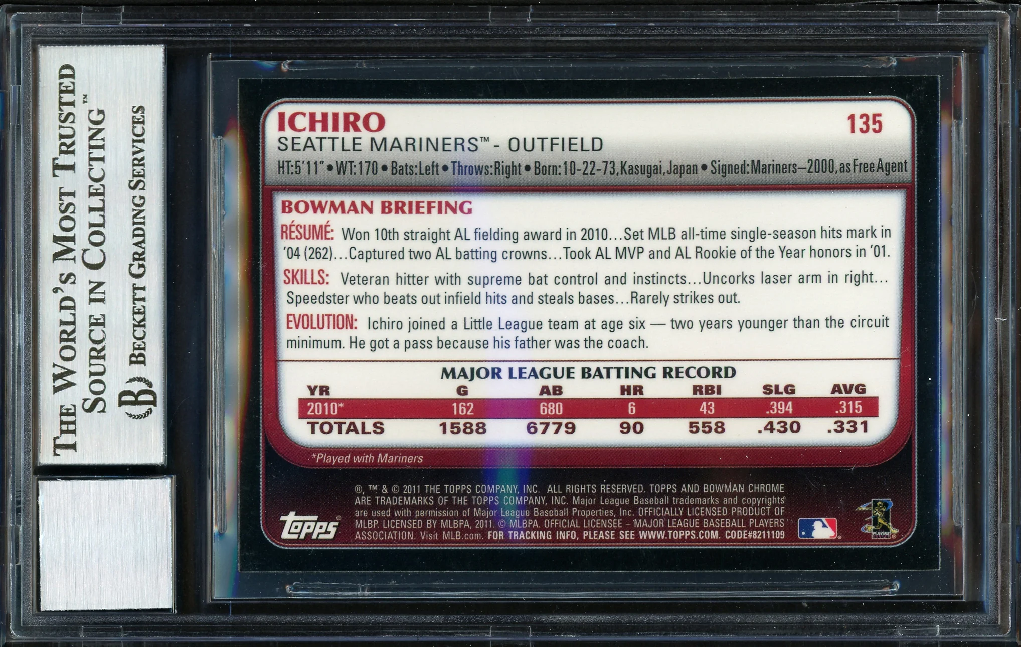 Ichiro Suzuki Autographed 2011 Bowman Chrome Card #135 Seattle Mariners Auto Grade 10 Beckett BAS #12669862 - Image 2