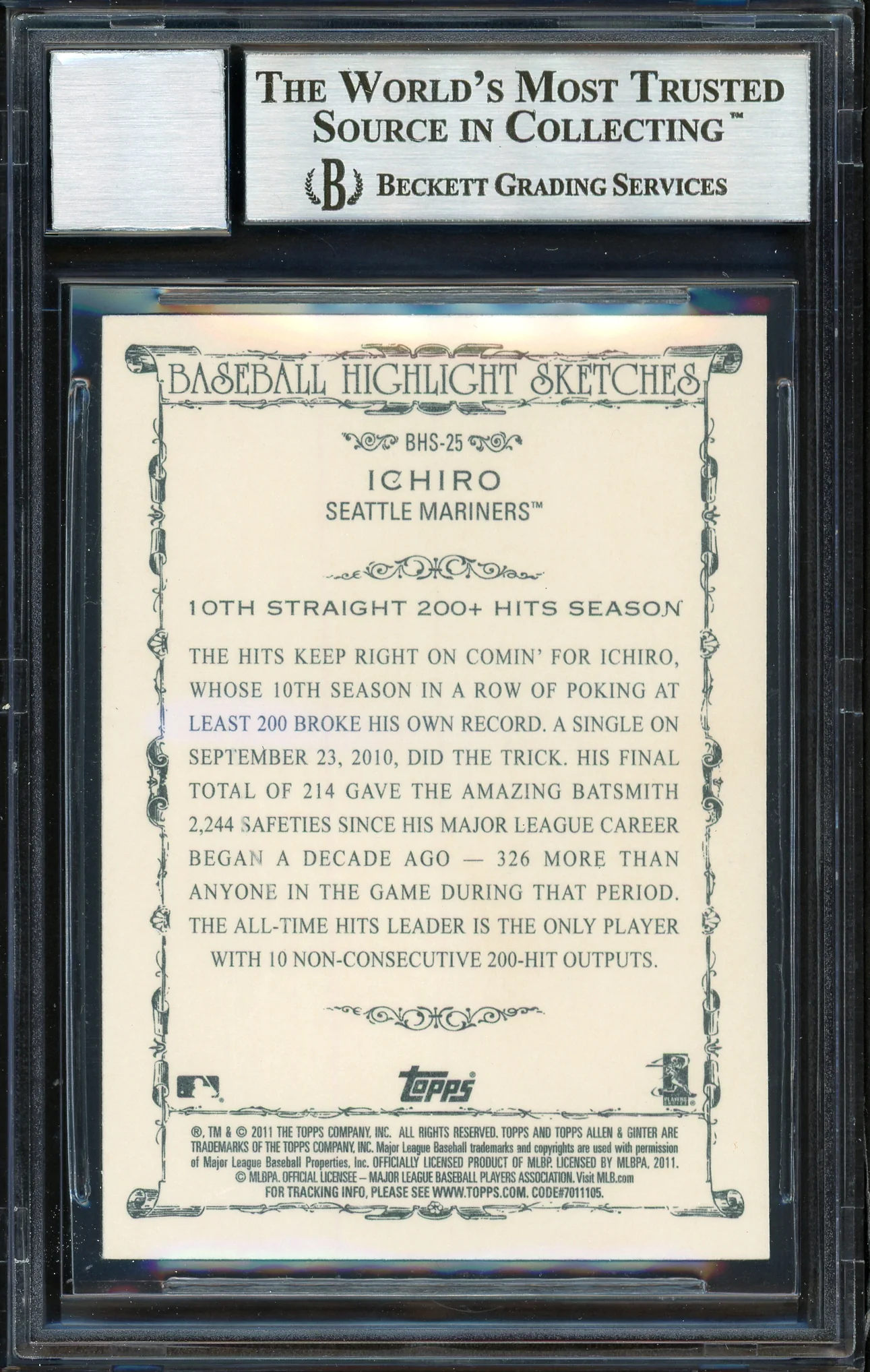 Ichiro Suzuki Autographed 2011 Topps Allen & Ginter Highlight Sketches Card #BHS-25 Seattle Mariners Auto Grade 10 Beckett BAS #12669848 - Image 2