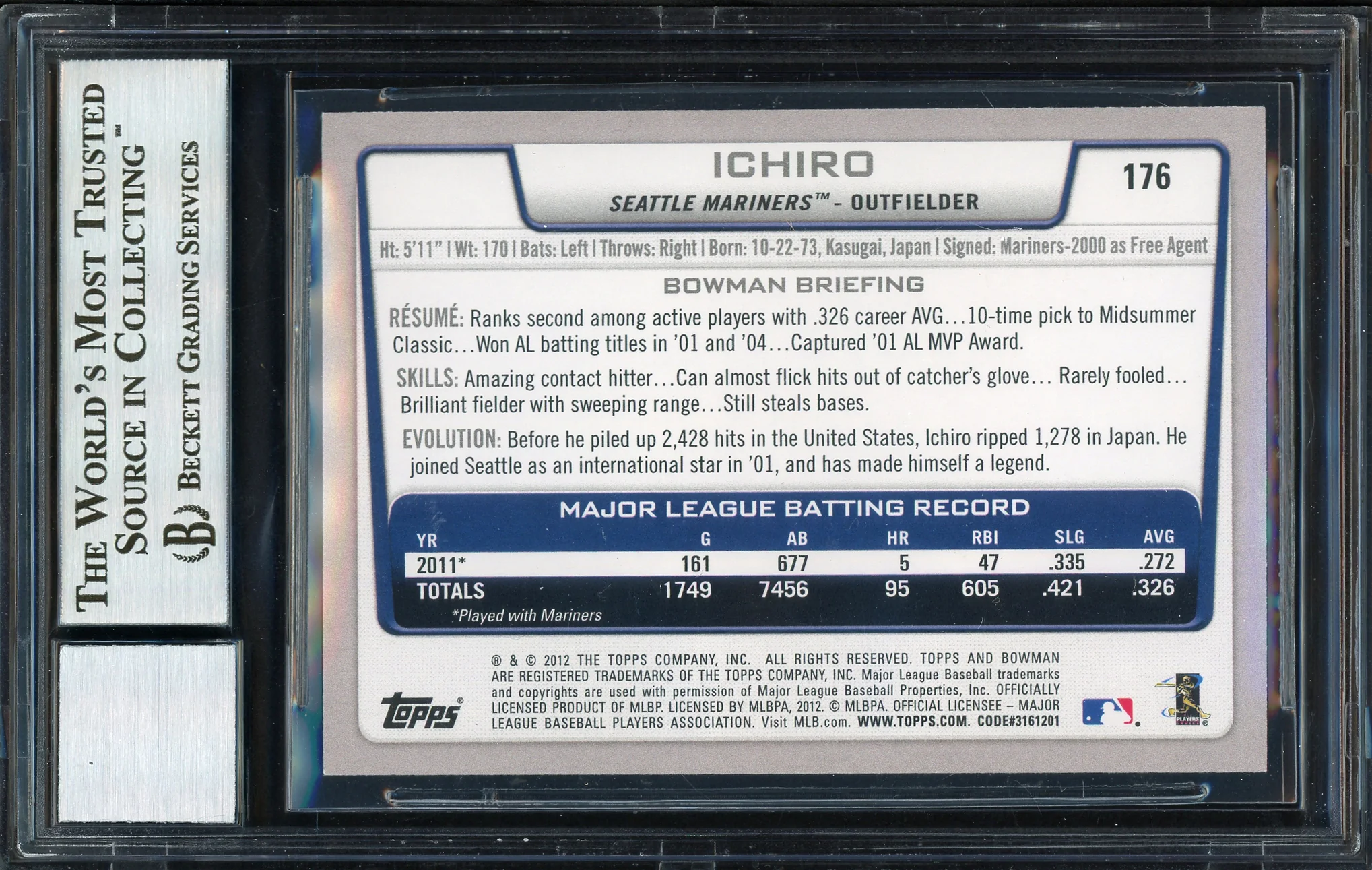 Ichiro Suzuki Autographed 2012 Bowman Card #176 Seattle Mariners Auto Grade 10 Beckett BAS #12669904 - Image 2