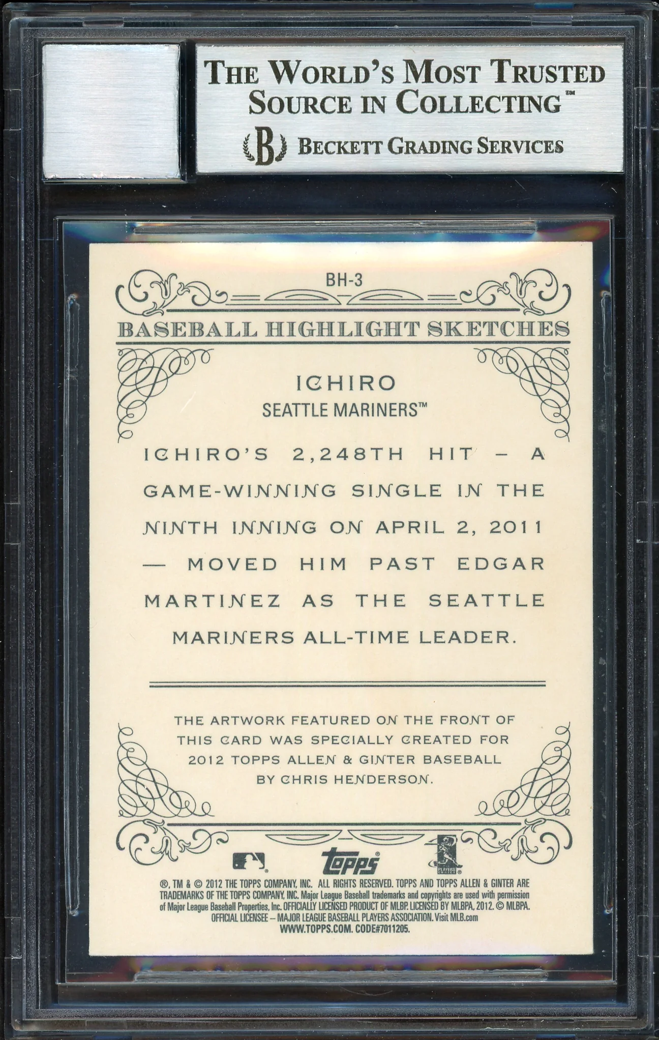 Ichiro Suzuki Autographed 2012 Topps Allen & Ginter Highlight Sketches Card #BH-3 Seattle Mariners Auto Grade 10 Beckett BAS #12669882 - Image 2