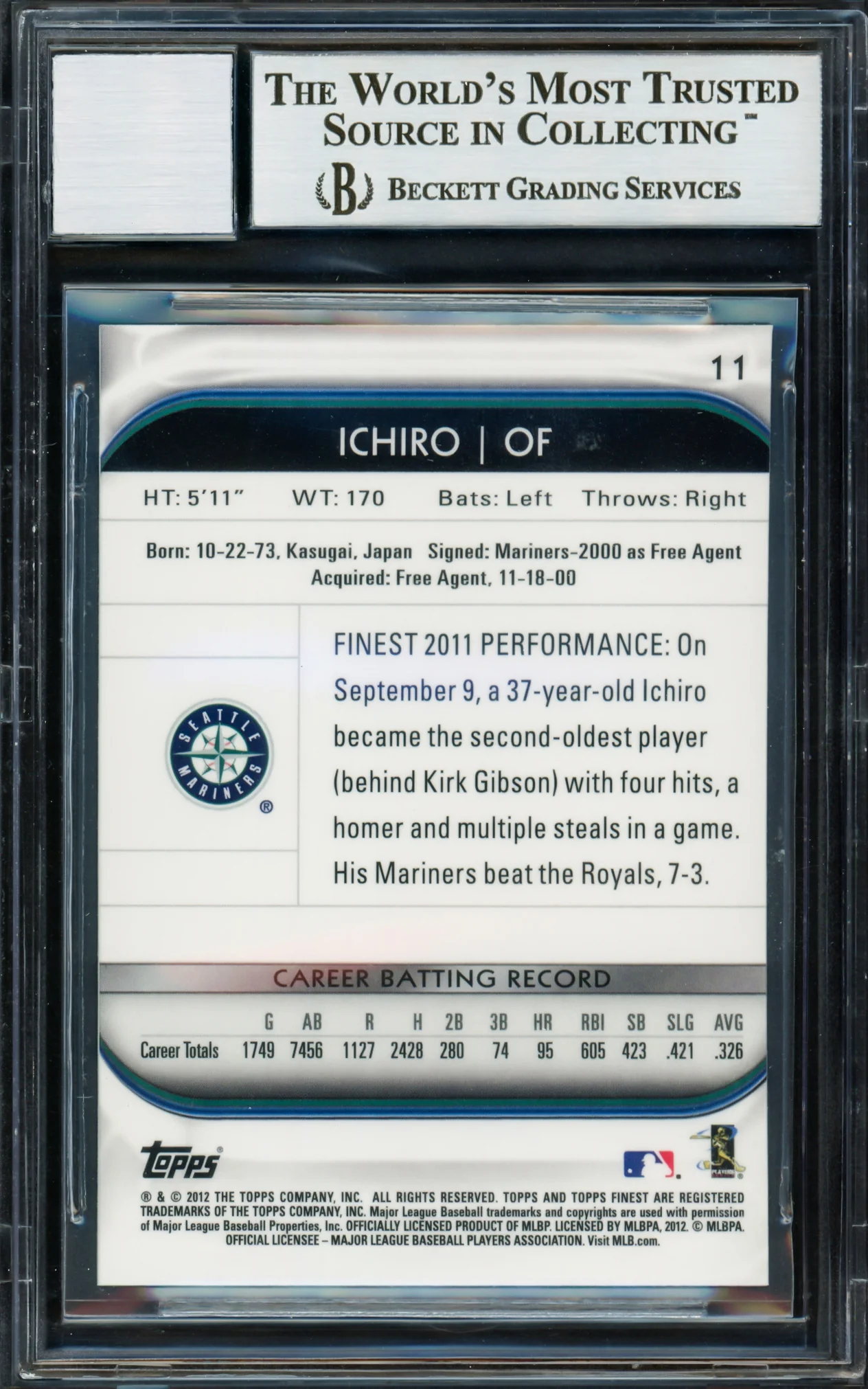 Ichiro Suzuki Autographed 2012 Topps Finest Card #11 Seattle Mariners Auto Grade Gem Mint 10 Beckett BAS Stock #220276 - Image 2