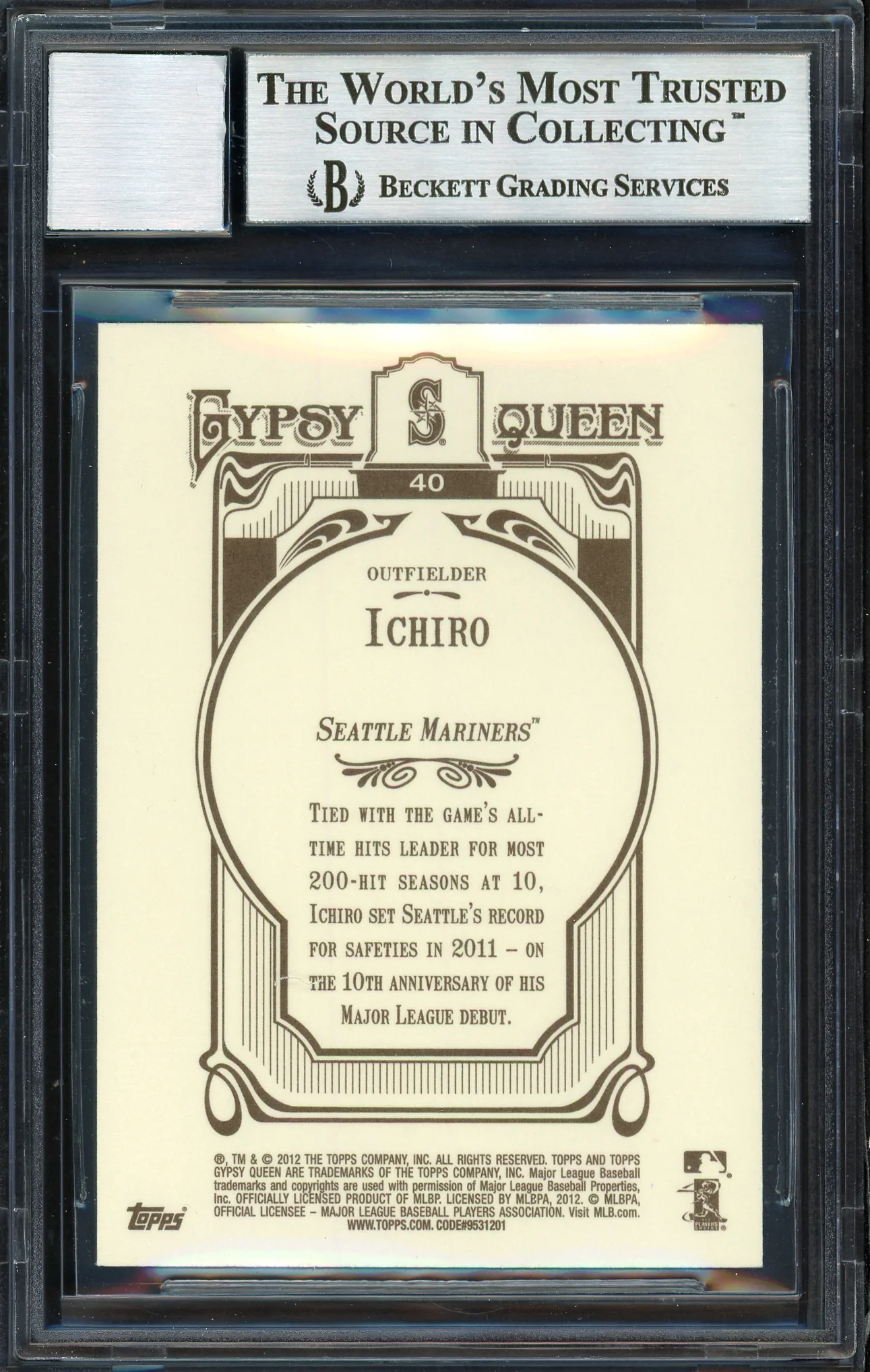 Ichiro Suzuki Autographed 2012 Topps Gypsy Queen Card #40 Seattle Mariners Auto Grade 10 Beckett BAS Stock #189915 - Image 2