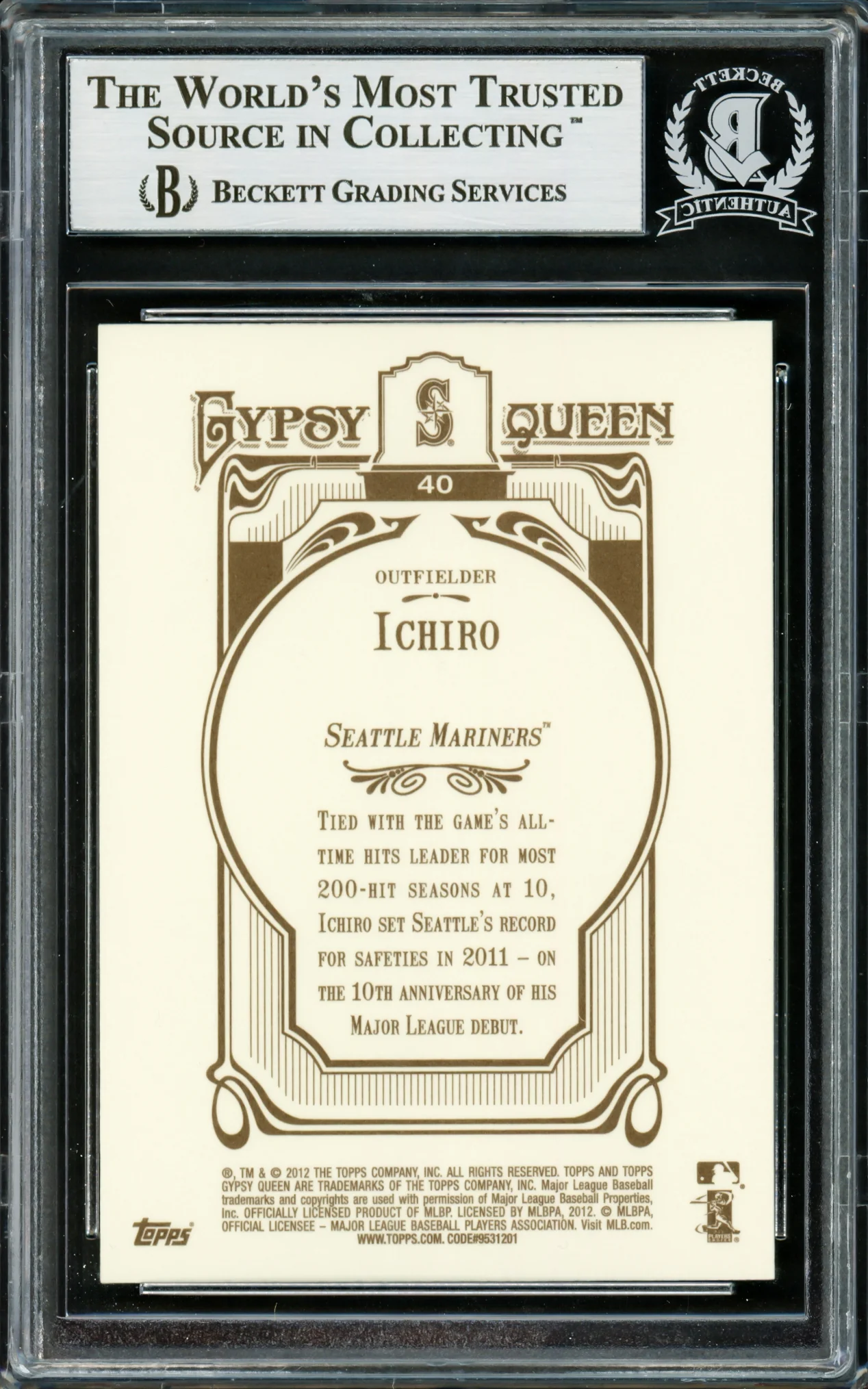 Ichiro Suzuki Autographed 2012 Topps Gypsy Queen Card #40 Seattle Mariners Beckett BAS Stock #220277 - Image 2