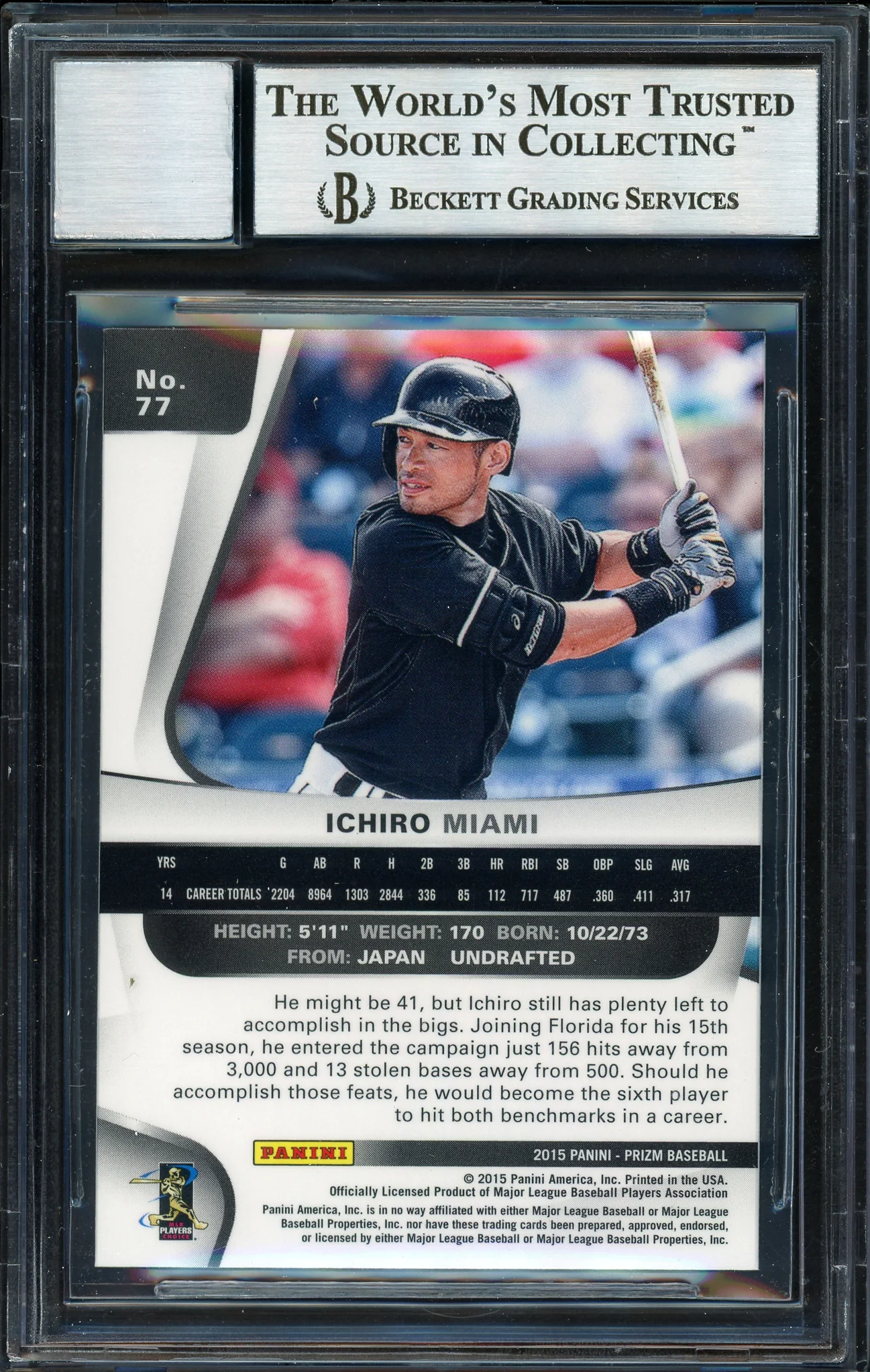 Ichiro Suzuki Autographed 2015 Panini Prizm Card #77 Miami Marlins Auto Grade 10 Beckett BAS #12669914 - Image 2