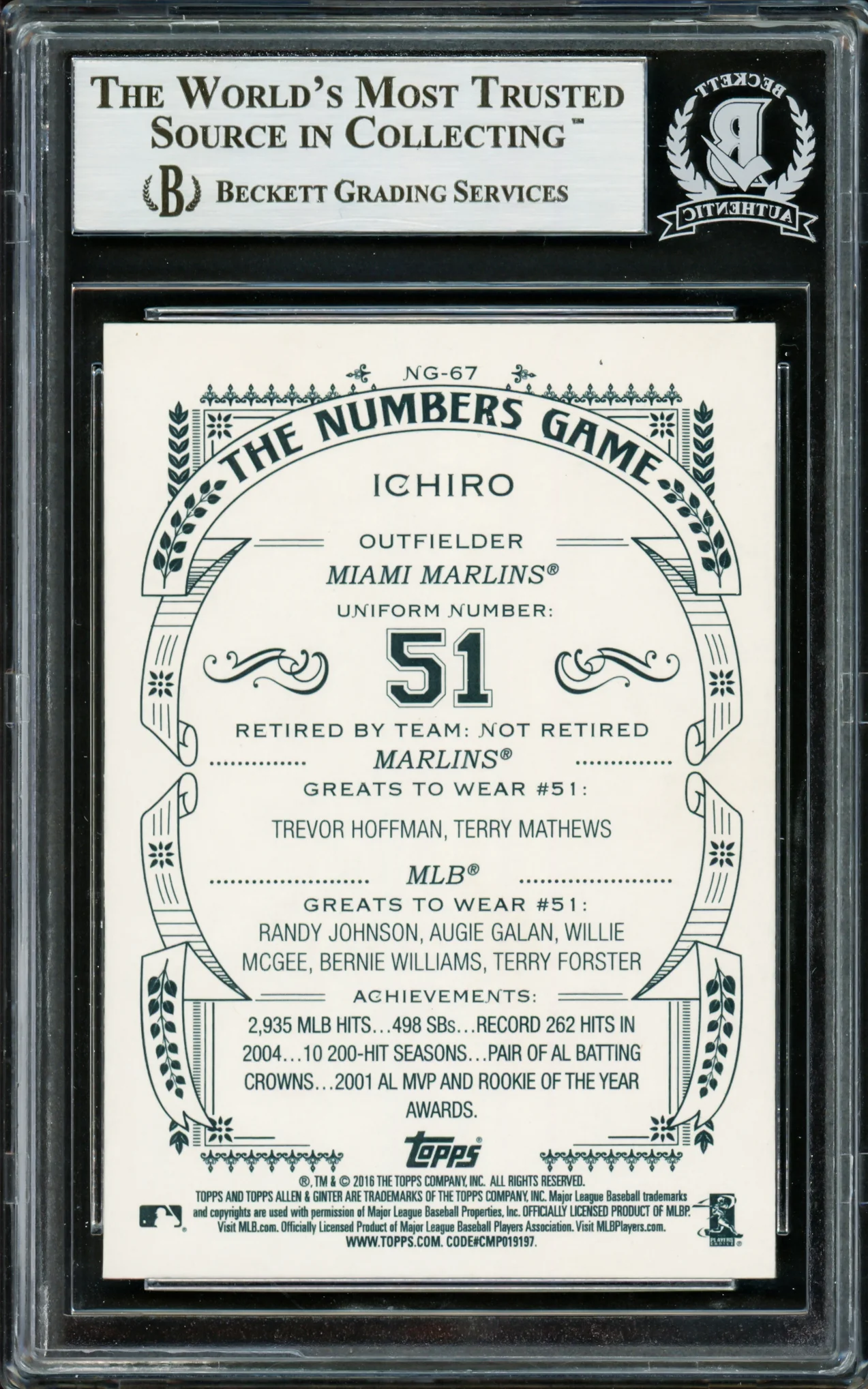 Ichiro Suzuki Autographed 2016 Topps Allen & Ginter The Numbers Game Card #NG-67 Seattle Mariners Beckett BAS Stock #220279 - Image 2