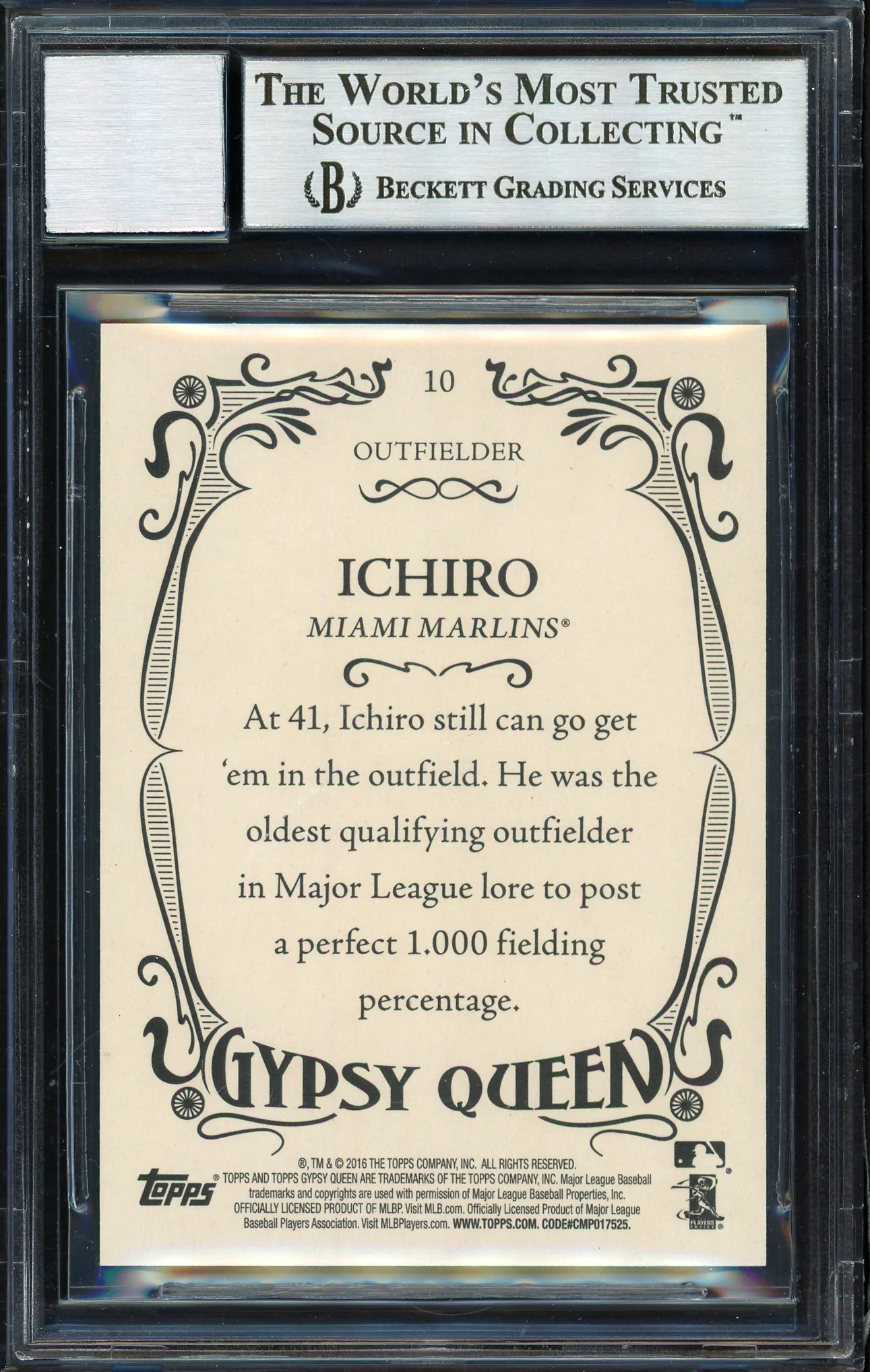 Ichiro Suzuki Autographed 2016 Topps Gypsy Queen Card #10 Miami Marlins Auto Grade 10 Beckett BAS Stock #189931 - Image 2
