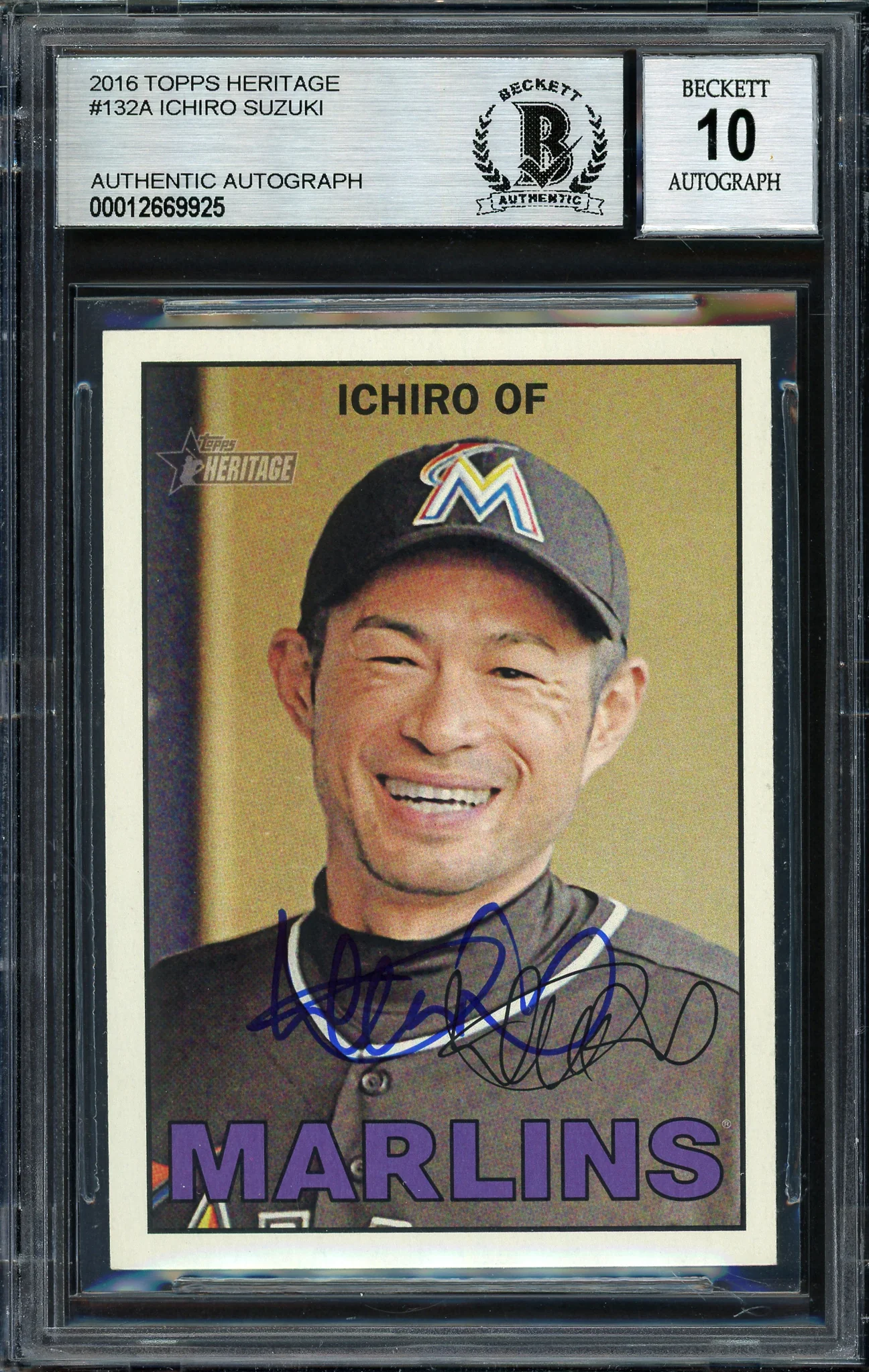 Ichiro Suzuki Autographed 2016 Topps Heritage Card #132 Miami Marlins Auto Grade 10 Beckett BAS Stock #189932