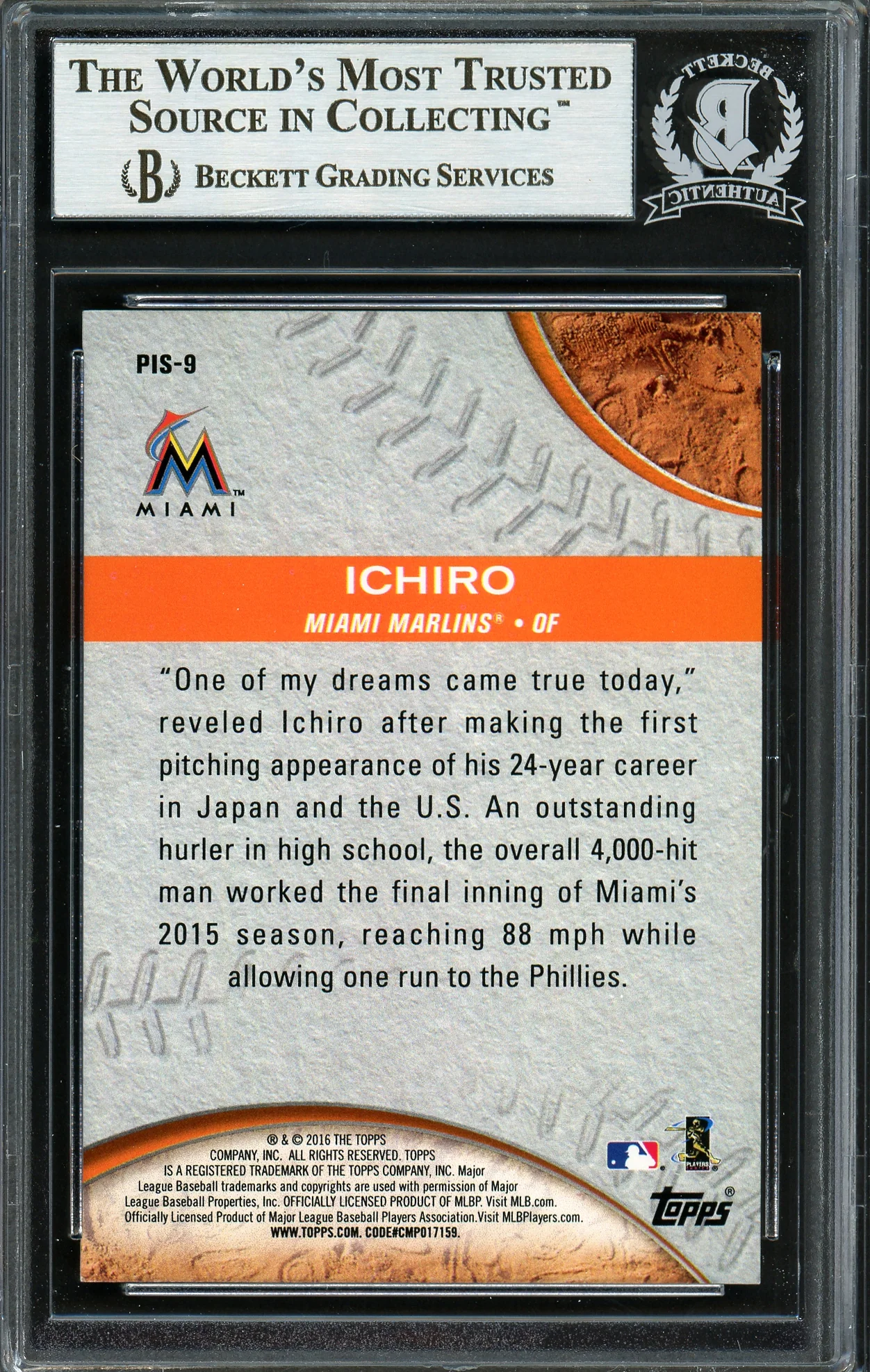 Ichiro Suzuki Autographed 2016 Topps Pressed Into Service Card #PIS-9 Miami Marlins Beckett BAS #12667985 - Image 2
