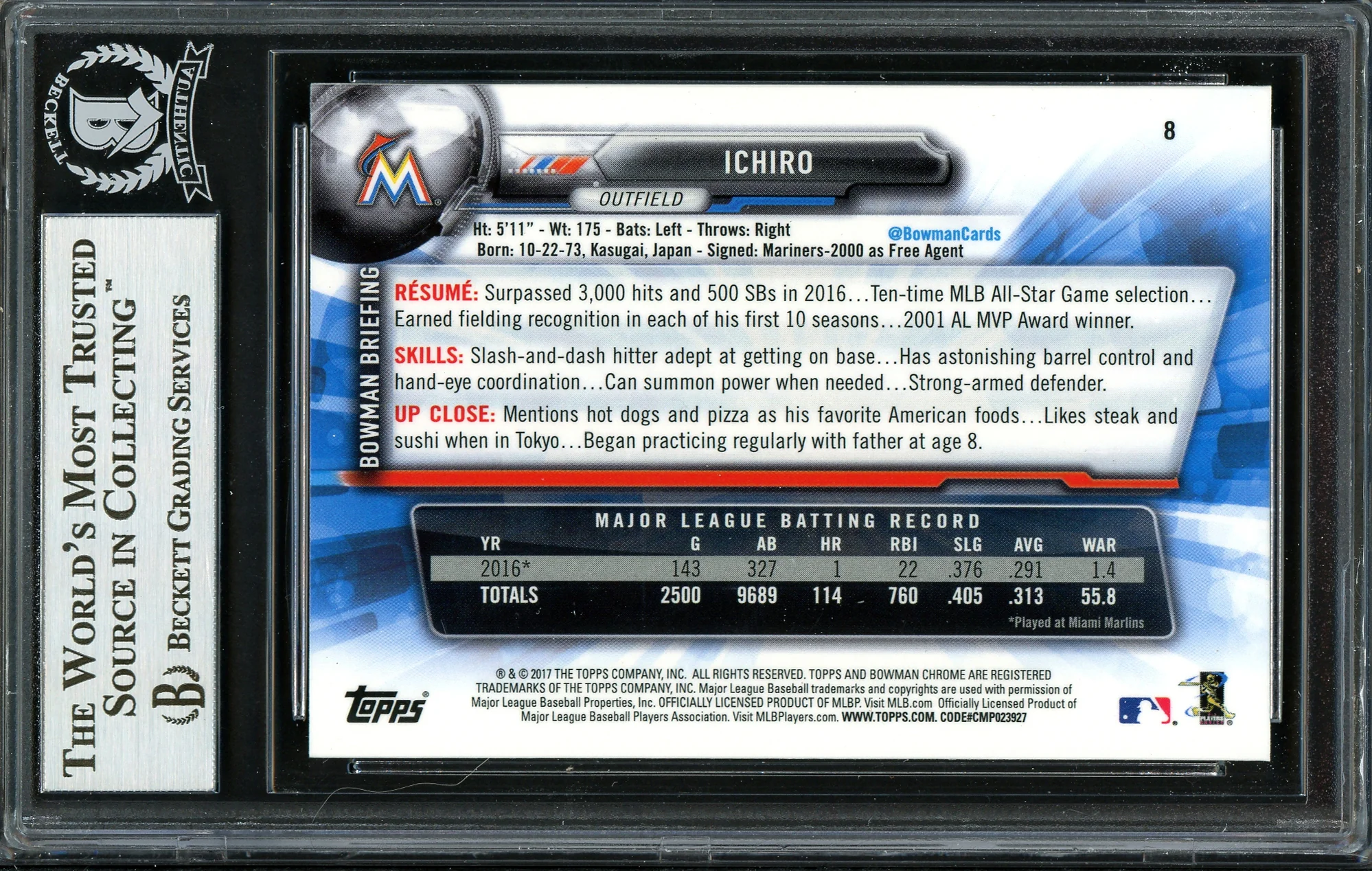 Ichiro Suzuki Autographed 2017 Bowman Chrome Card #8 Miami Marlins Beckett BAS #12668001 - Image 2