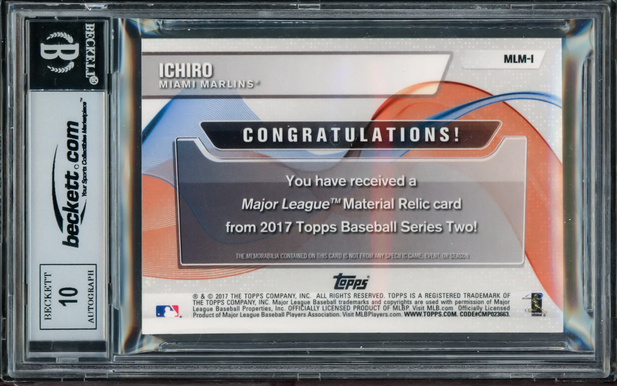 Ichiro Suzuki Autographed 2017 Topps Material Relic Jersey Card #MLM-1 Miami Marlins Auto Grade Gem Mint 10 Beckett BAS #15093769 - Image 2