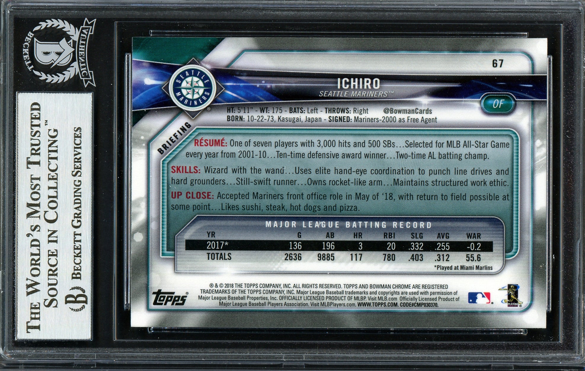 Ichiro Suzuki Autographed 2018 Bowman Chrome Card #67 Seattle Mariners Beckett BAS #12668034 - Image 2