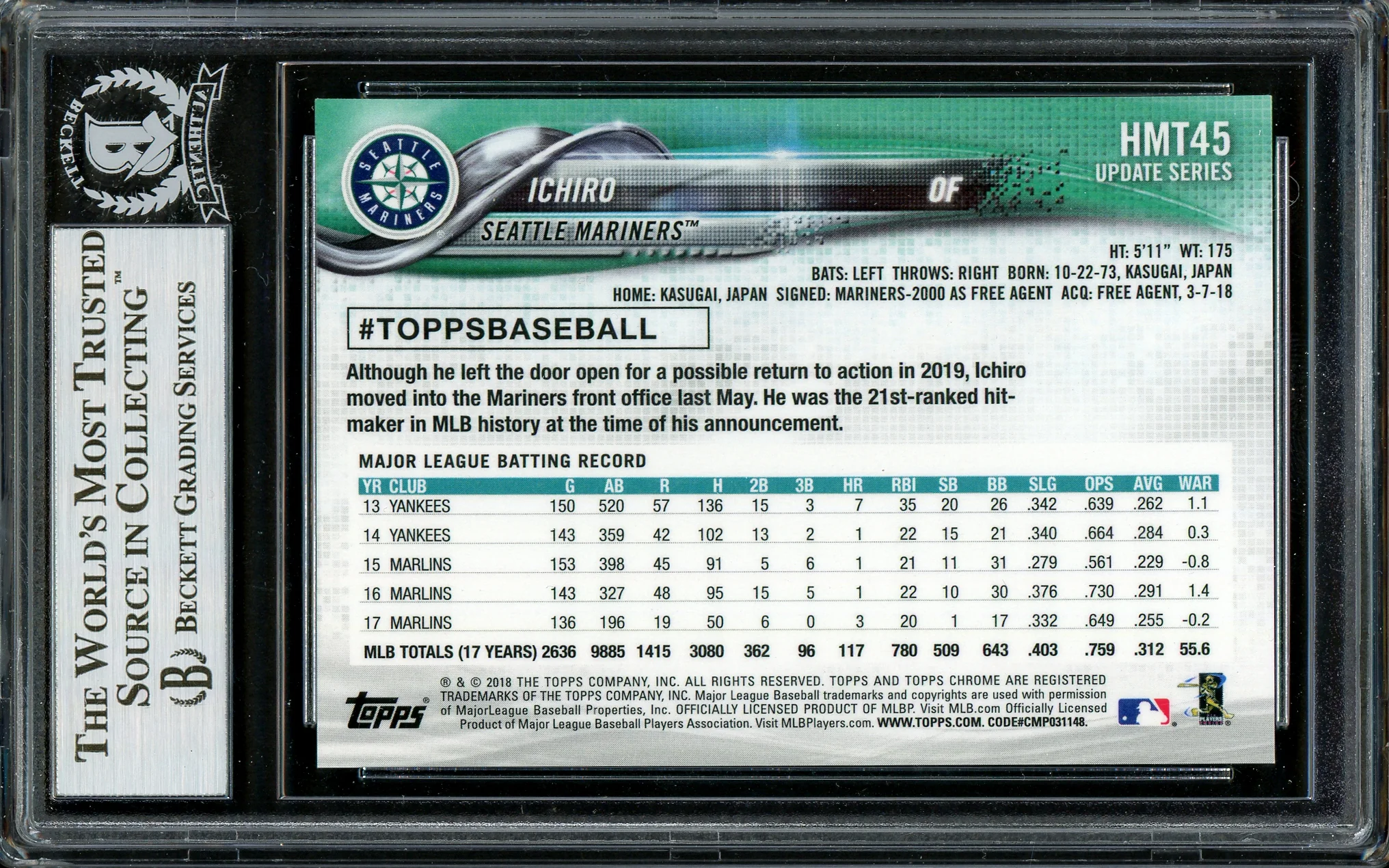 Ichiro Suzuki Autographed 2018 Topps Chrome Pink Refractor Card #HMT45 Seattle Mariners Beckett BAS #13020974 - Image 2