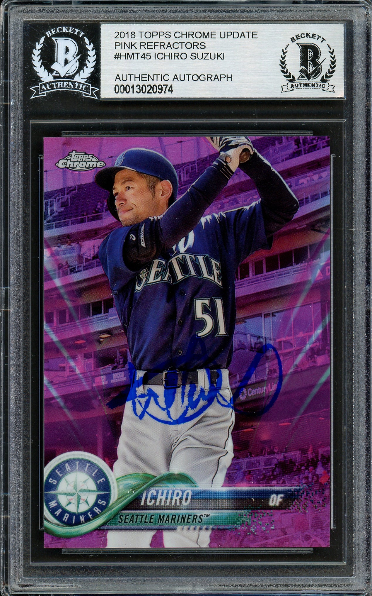 Ichiro Suzuki Autographed 2018 Topps Chrome Pink Refractor Card #HMT45 Seattle Mariners Beckett BAS #13020974 - Image 3