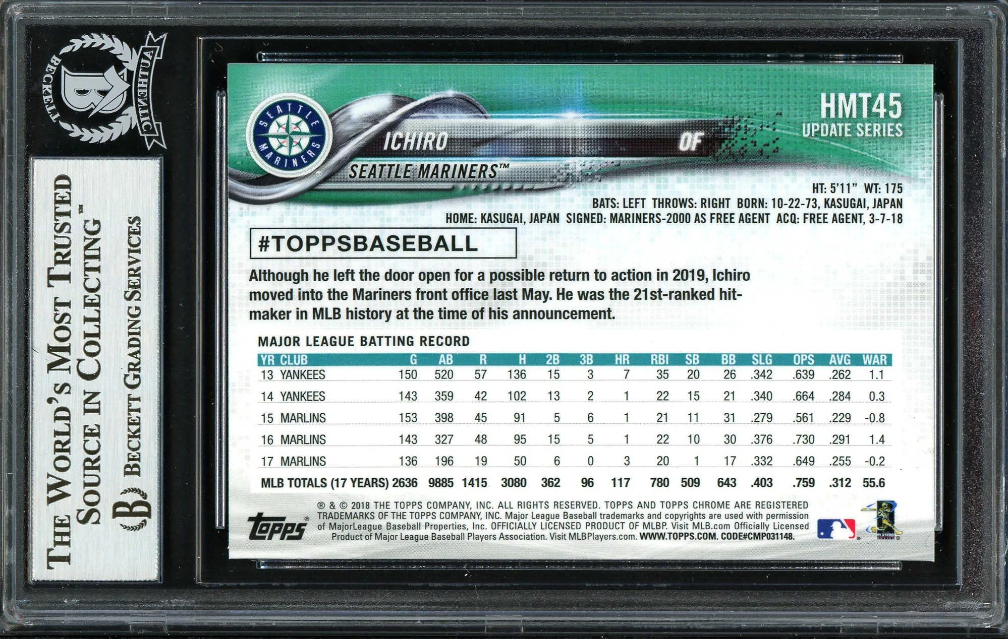 Ichiro Suzuki Autographed 2018 Topps Chrome Update Card #HMT45 Seattle Mariners Beckett BAS #12668031 - Image 2
