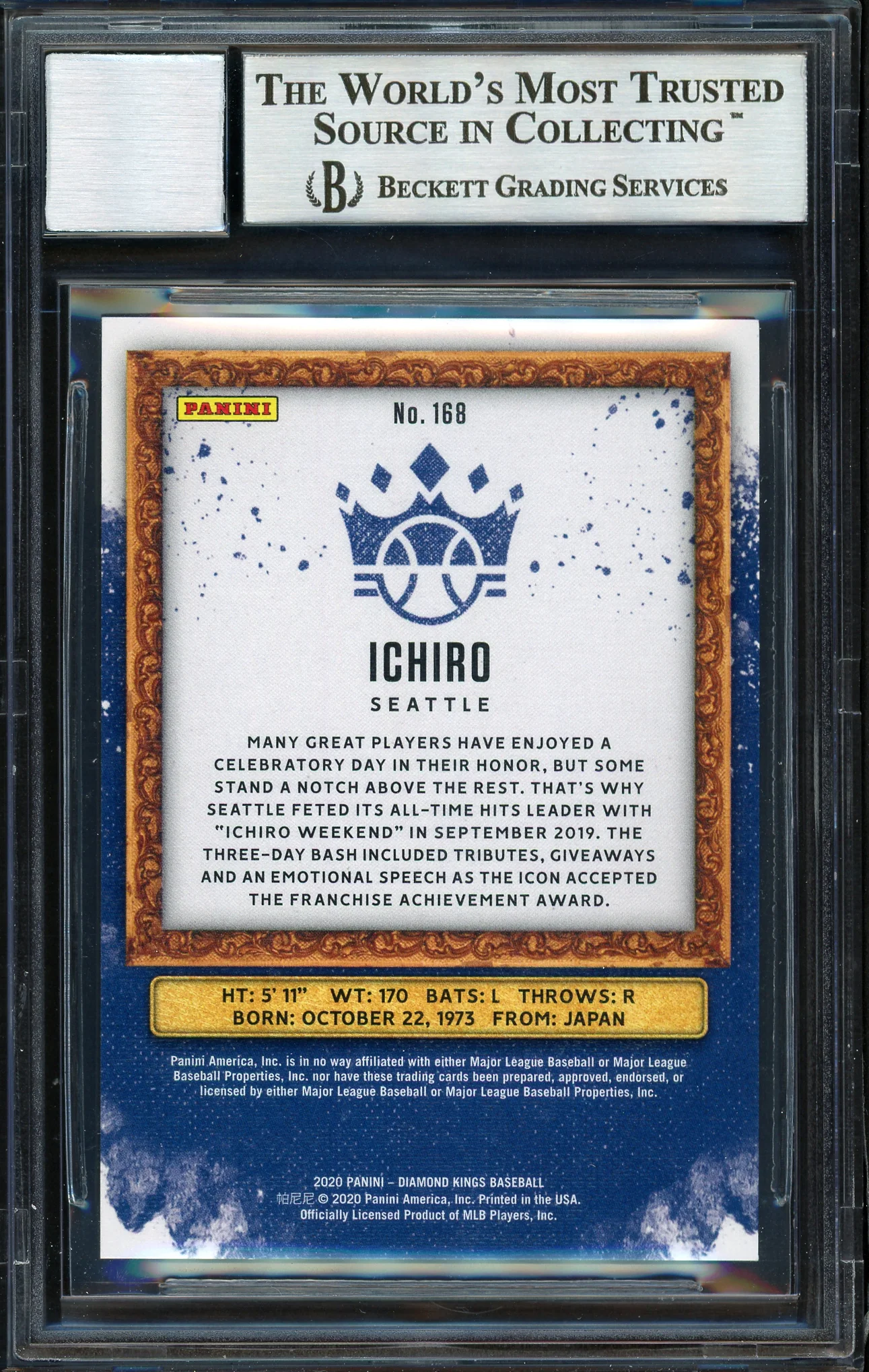 Ichiro Suzuki Autographed 2020 Panini Donruss Diamond Kings Gray Frame Card #168 Seattle Mariners Auto Grade 10 Beckett BAS #12670178 - Image 2