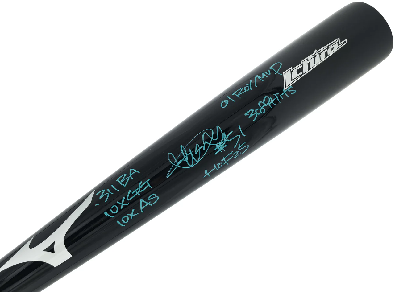 Ichiro Suzuki Autographed Black Mizuno Player Model Baseball Bat Seattle Mariners With 7 Stats IS Holo & Beckett BAS Witness Stock #256835 - Image 2