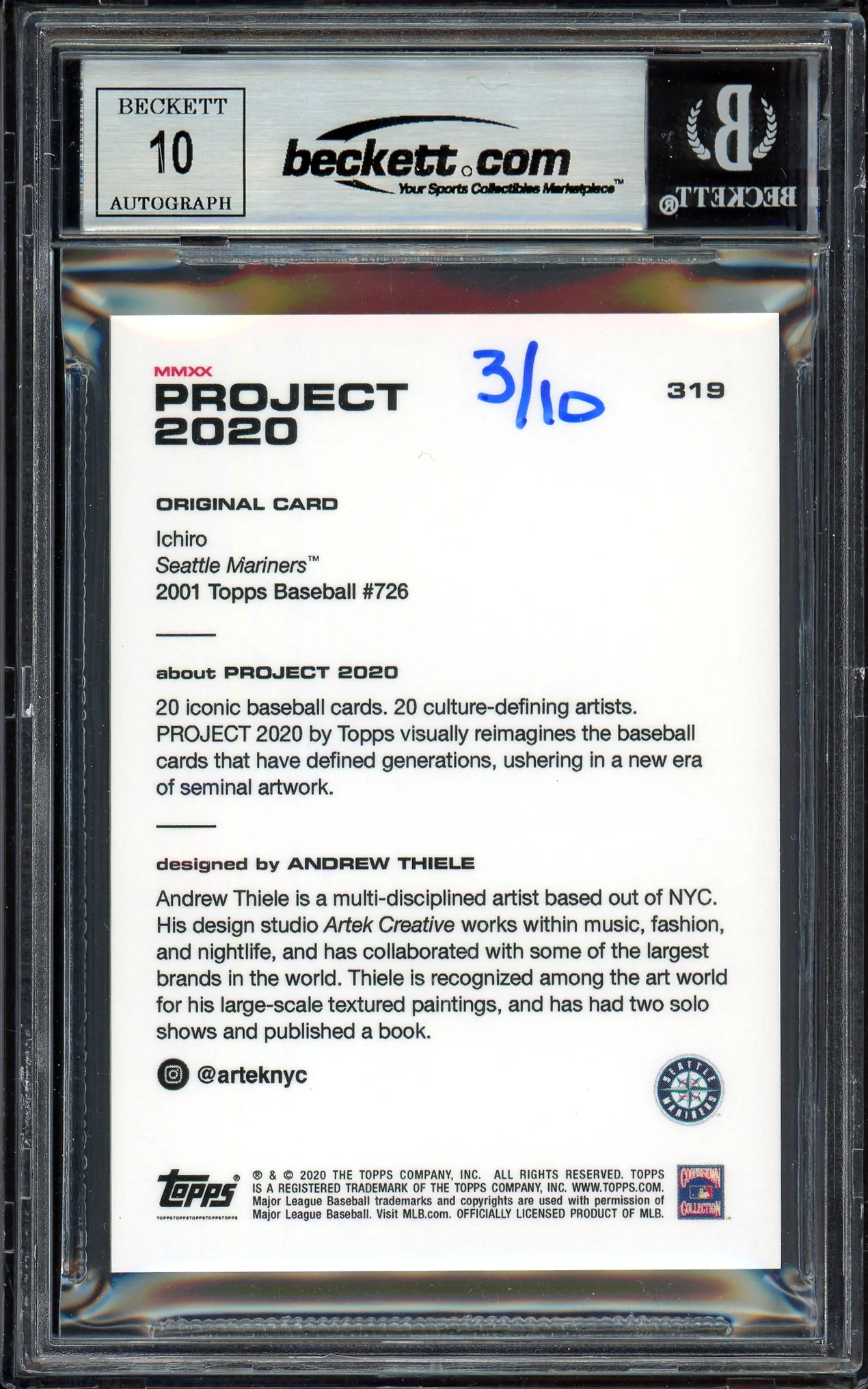 Ichiro Suzuki Autographed Topps Project 2020 Andrew Thiele Card #319 Seattle Mariners Auto Grade Gem Mint 10 Gold #/10 Beckett BAS Stock #201046 - Image 2