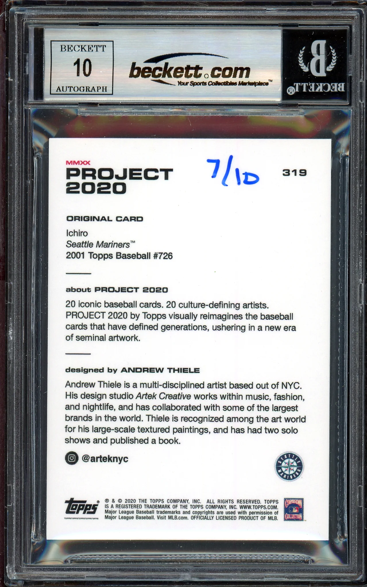Ichiro Suzuki Autographed Topps Project 2020 Andrew Thiele Card #319 Seattle Mariners Auto Grade Gem Mint 10 Silver #/10 Beckett BAS Stock #201047 - Image 2