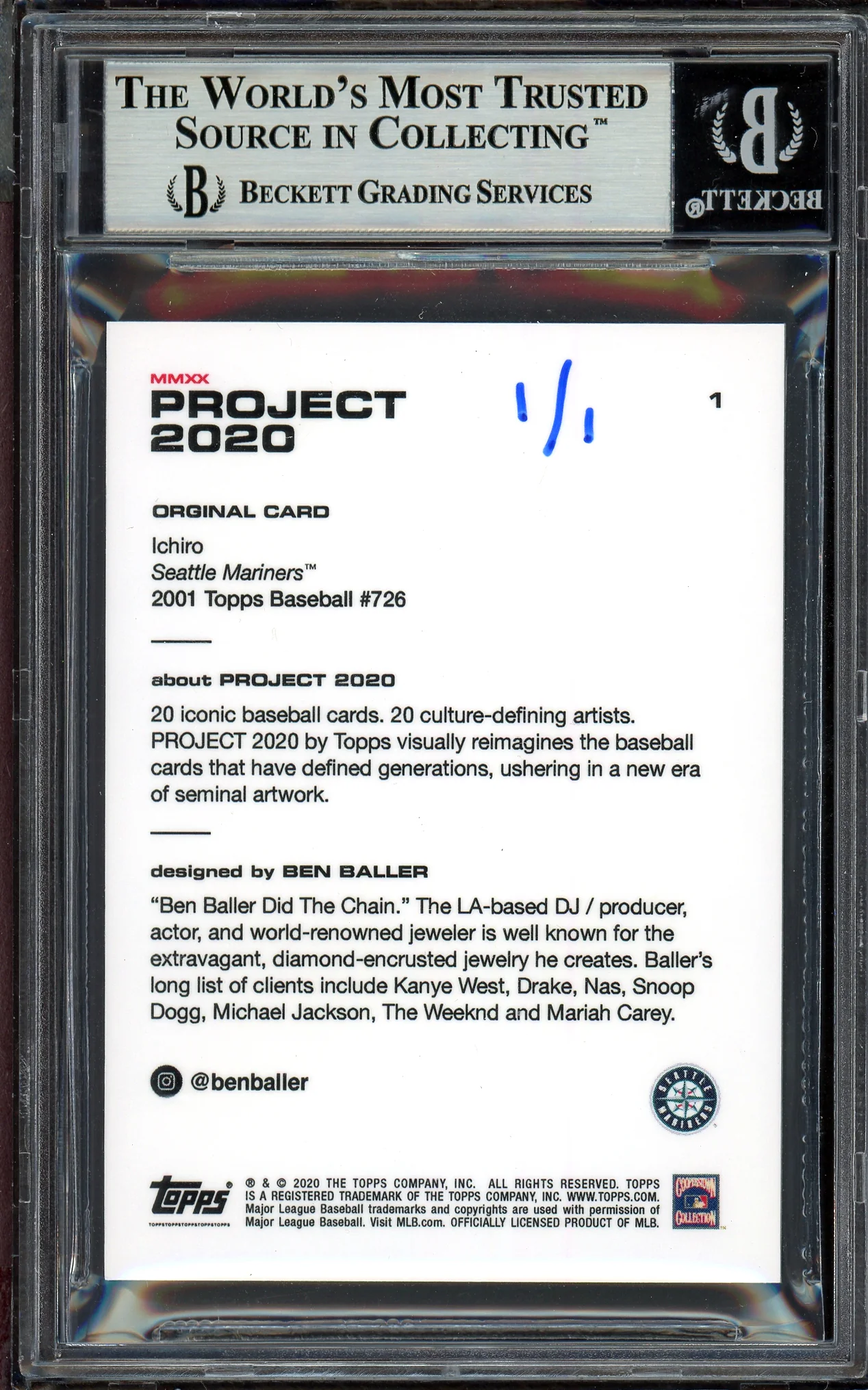Ichiro Suzuki Autographed Topps Project 2020 Ben Baller Card #1 Seattle Mariners "04 262" Silver #1/1 Beckett BAS #13713733 - Image 2