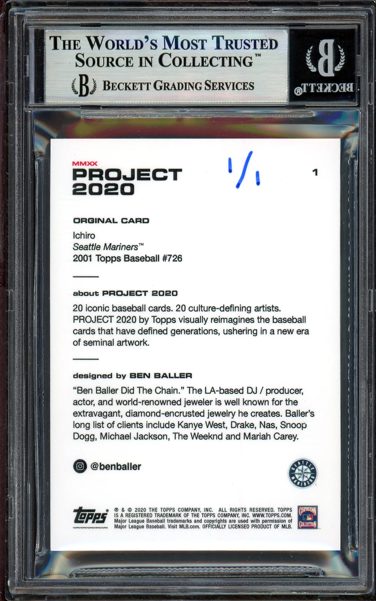 Ichiro Suzuki Autographed Topps Project 2020 Ben Baller Card #1 Seattle Mariners "10X 200" Silver #1/1 Beckett BAS #13713728 - Image 2