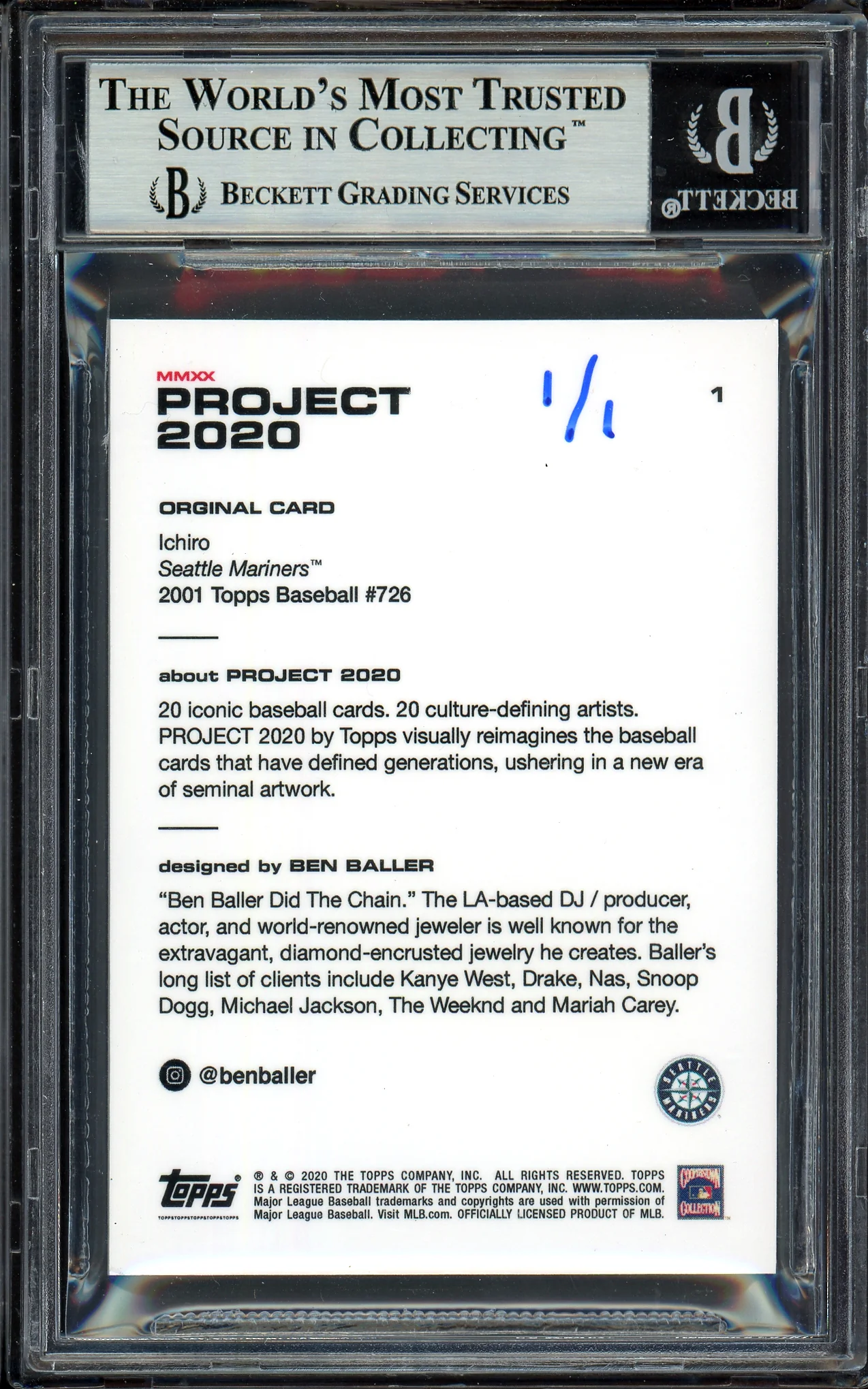 Ichiro Suzuki Autographed Topps Project 2020 Ben Baller Card #1 Seattle Mariners "10X AS" Silver #1/1 Beckett BAS #13713735 - Image 2