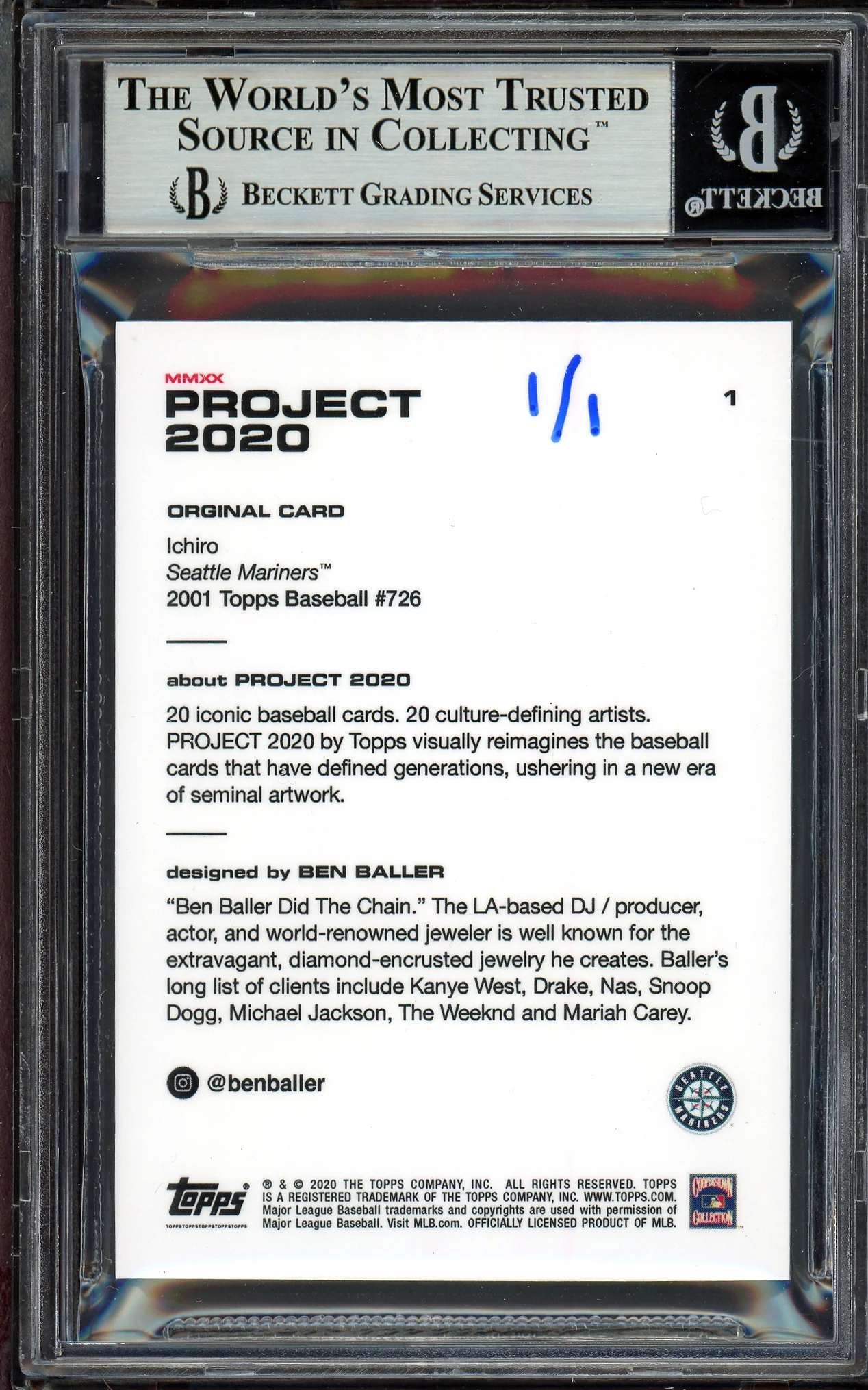 Ichiro Suzuki Autographed Topps Project 2020 Ben Baller Card #1 Seattle Mariners "3089 Hits" Silver #1/1 Beckett BAS #13713741 - Image 2
