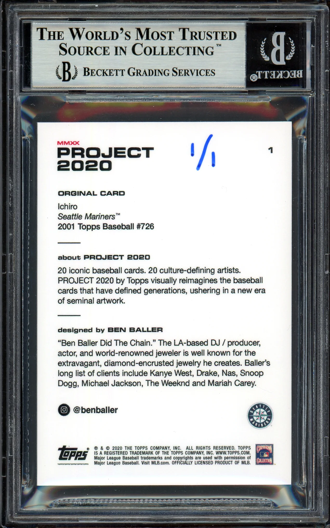 Ichiro Suzuki Autographed Topps Project 2020 Ben Baller Card #1 Seattle Mariners "4367 Hits" Silver #1/1 Beckett BAS #13713740 - Image 2