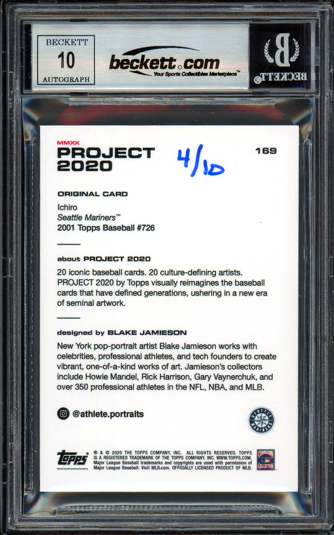 Ichiro Suzuki Autographed Topps Project 2020 Blake Jamieson Card #169 Seattle Mariners Auto Grade Gem Mint 10 Black #/10 Beckett BAS Stock #200986 - Image 2