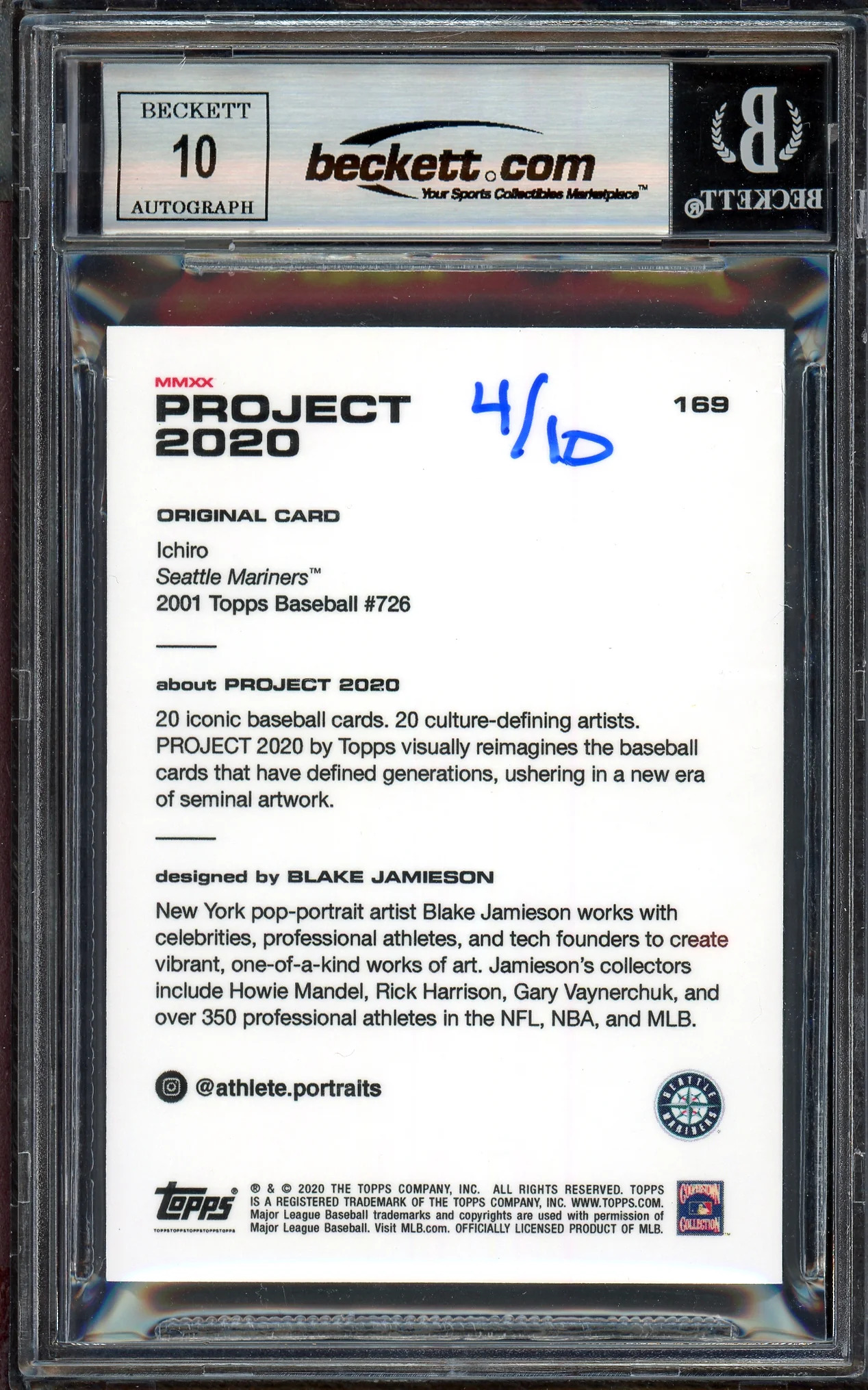Ichiro Suzuki Autographed Topps Project 2020 Blake Jamieson Card #169 Seattle Mariners Auto Grade Gem Mint 10 Lime Green #/10 Beckett BAS Stock #200985 - Image 2