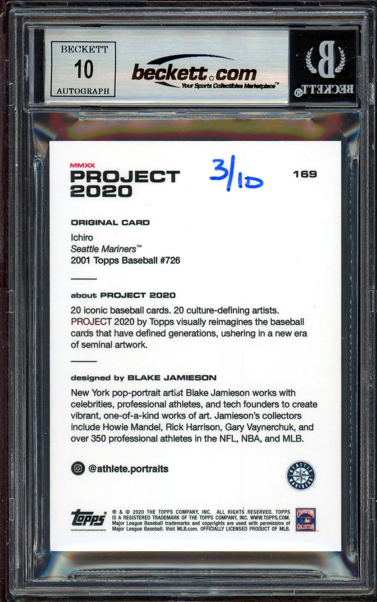 Ichiro Suzuki Autographed Topps Project 2020 Blake Jamieson Card #169 Seattle Mariners Auto Grade Gem Mint 10 Teal #/10 Beckett BAS Stock #200987 - Image 2