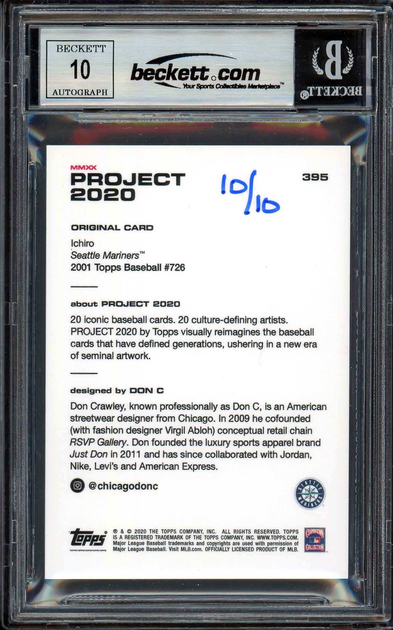 Ichiro Suzuki Autographed Topps Project 2020 Don C Card #395 Seattle Mariners Auto Grade Gem Mint 10 Gold #10/10 Beckett BAS #13713621 - Image 2