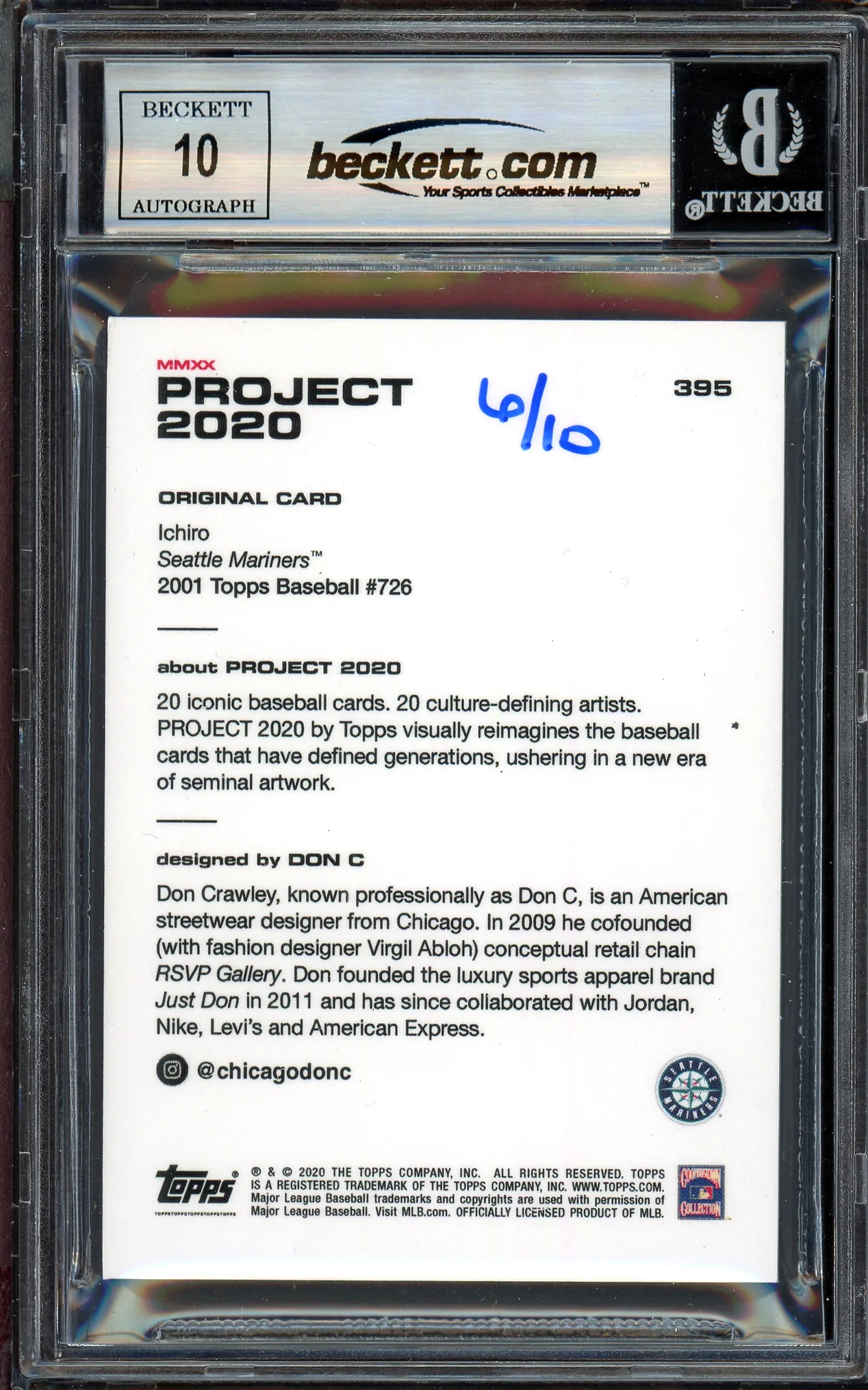 Ichiro Suzuki Autographed Topps Project 2020 Don C Card #395 Seattle Mariners Auto Grade Gem Mint 10 Lime Green #/10 Beckett BAS Stock #201057 - Image 2