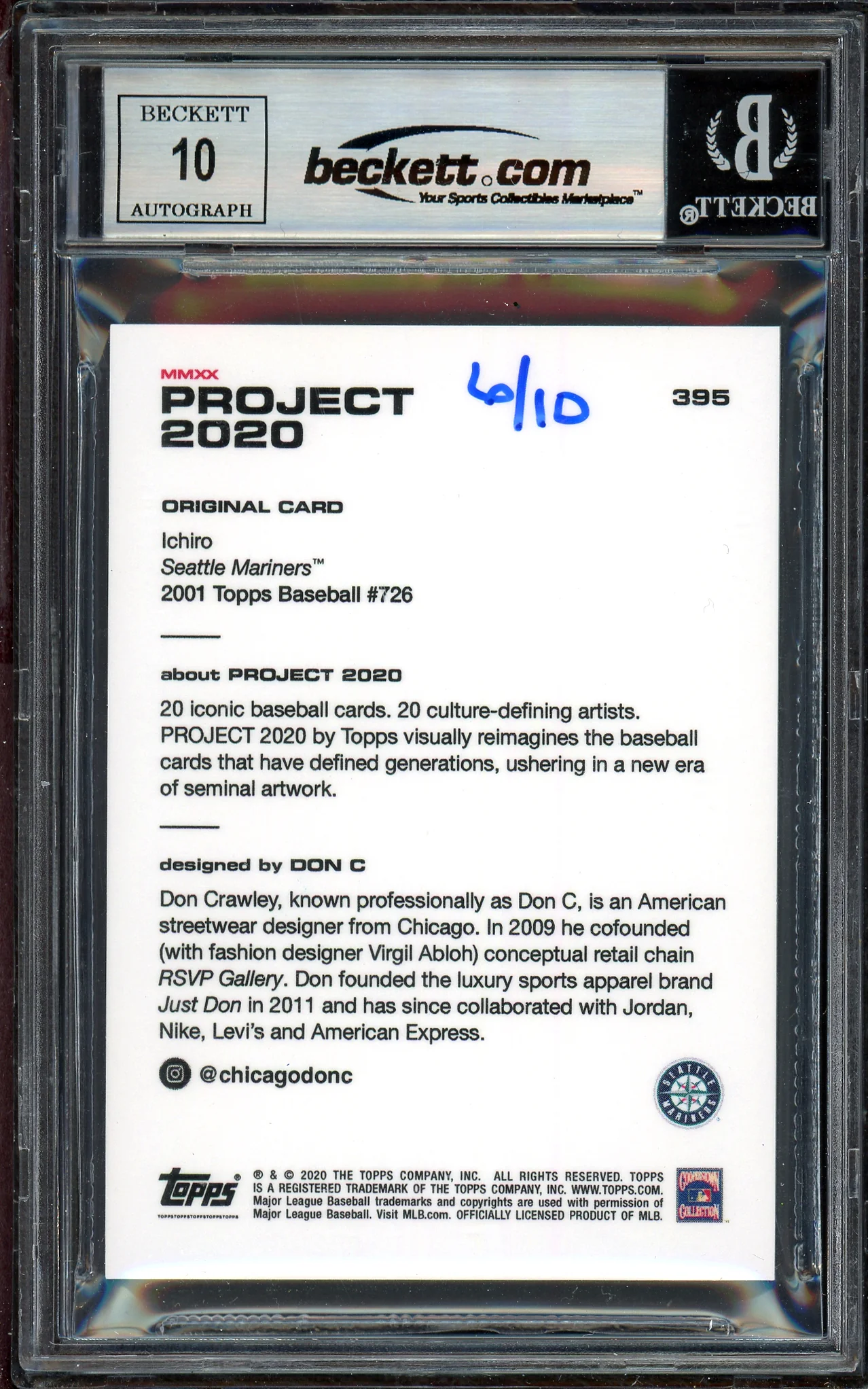Ichiro Suzuki Autographed Topps Project 2020 Don C Card #395 Seattle Mariners Auto Grade Gem Mint 10 Teal #/10 Beckett BAS Stock #201059 - Image 2