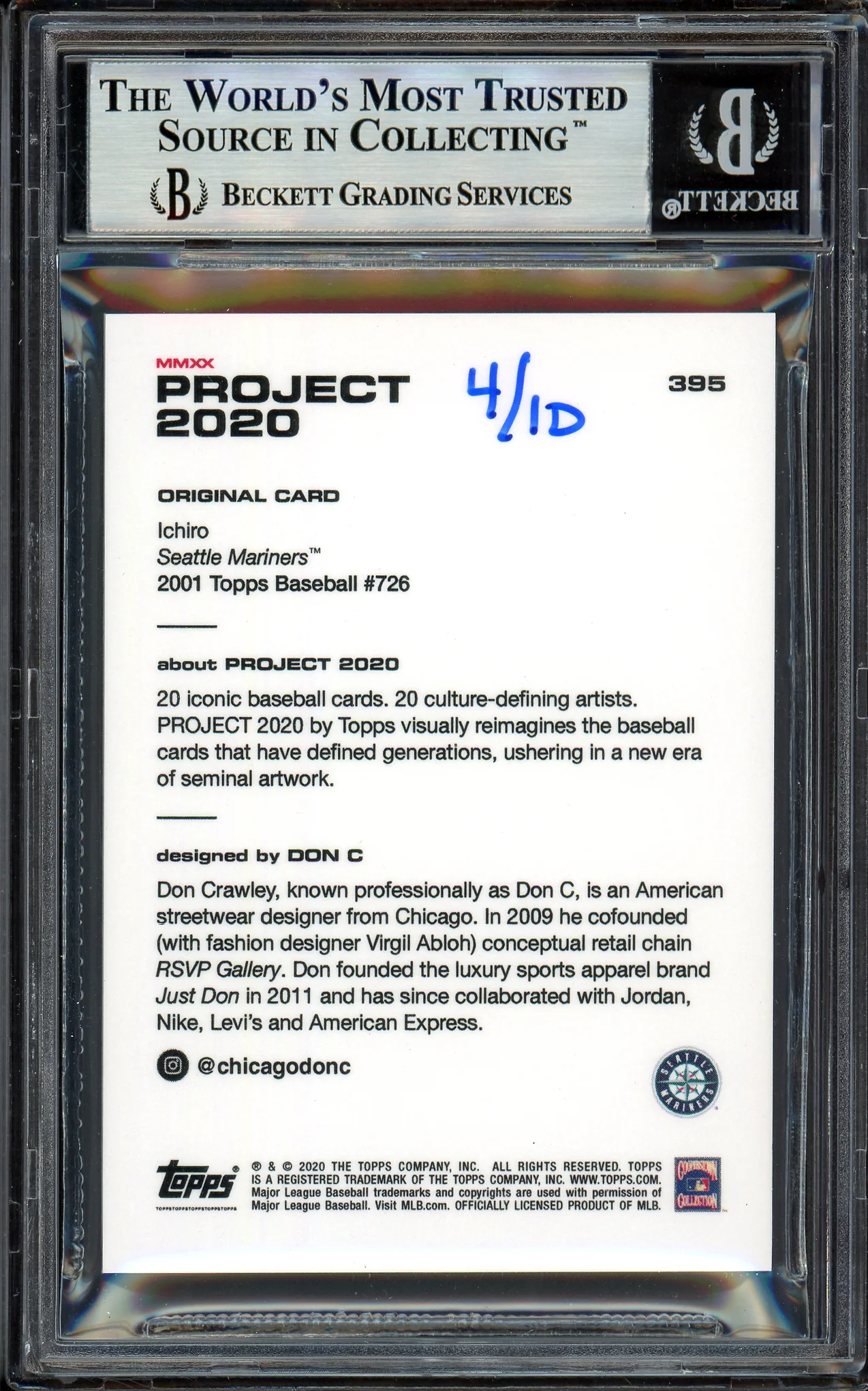 Ichiro Suzuki Autographed Topps Project 2020 Don C Card #395 Seattle Mariners Gold #/10 Beckett BAS Stock #201152 - Image 2