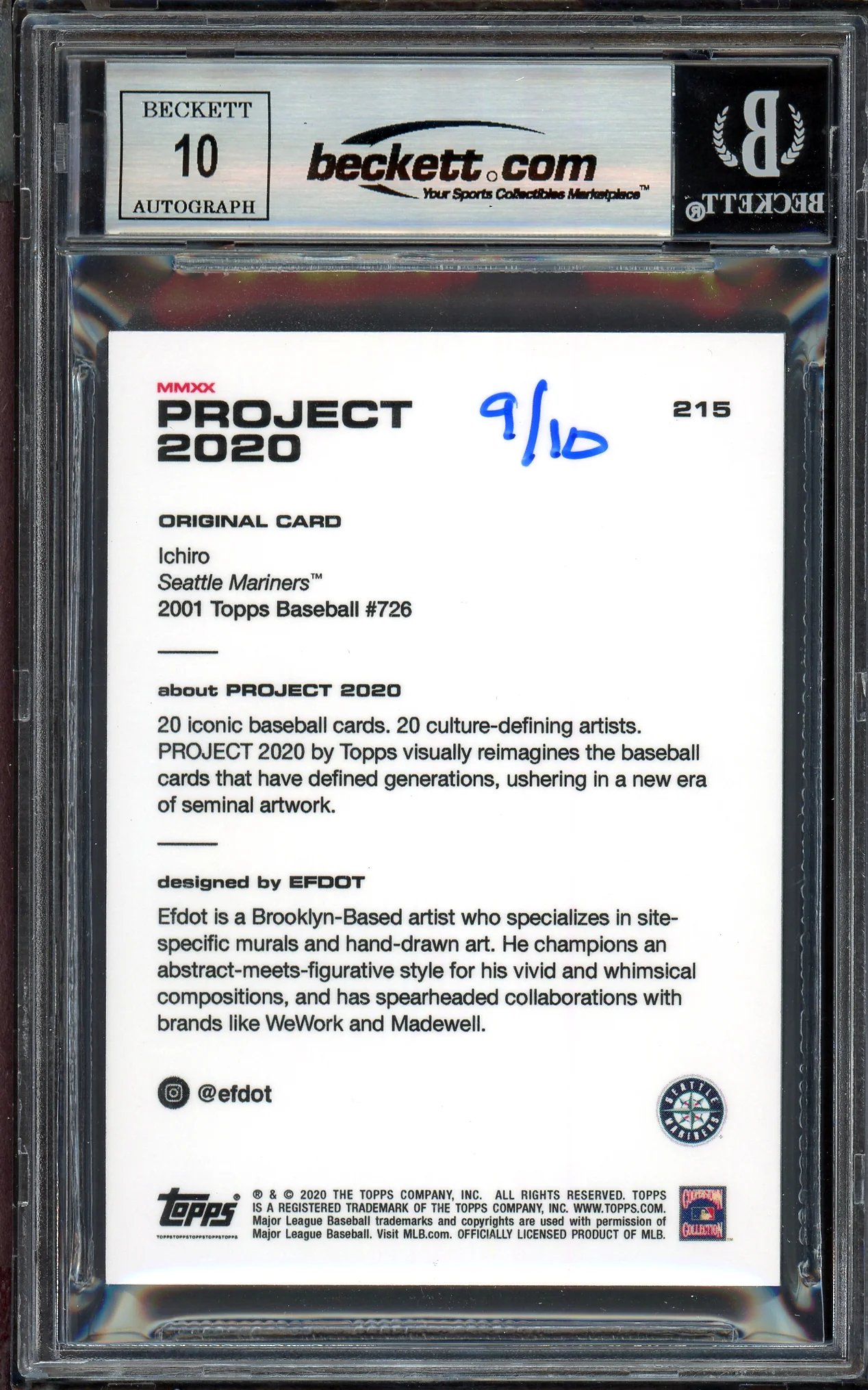 Ichiro Suzuki Autographed Topps Project 2020 Efdot Card #215 Seattle Mariners Auto Grade Gem Mint 10 Black #/10 Beckett BAS Stock #201005 - Image 2