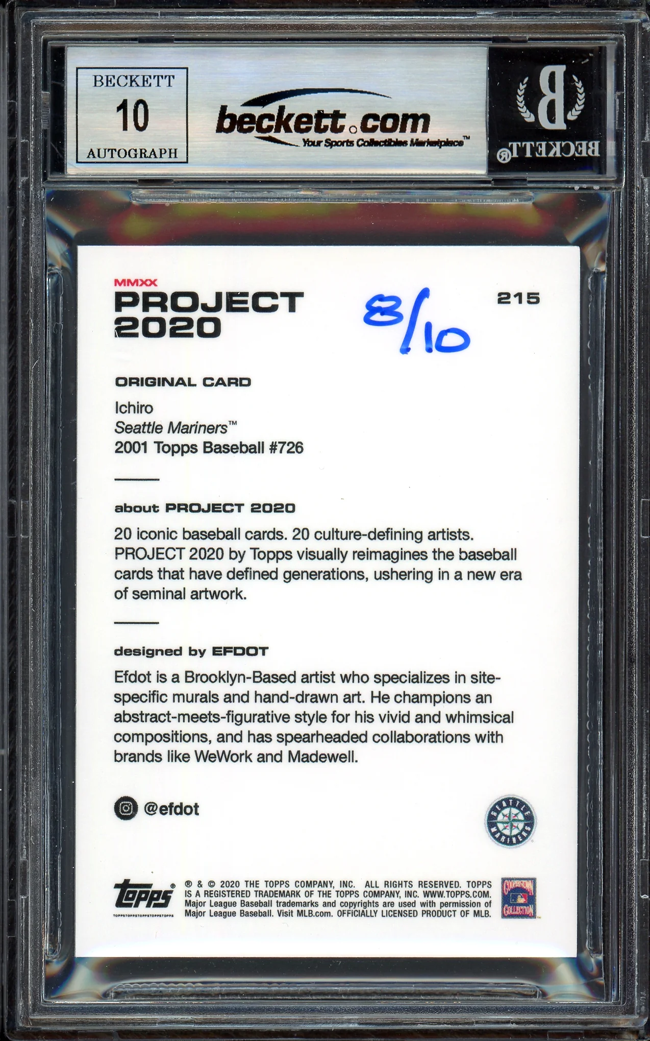 Ichiro Suzuki Autographed Topps Project 2020 Efdot Card #215 Seattle Mariners Auto Grade Gem Mint 10 Lime Green #/10 Beckett BAS Stock #201004 - Image 2