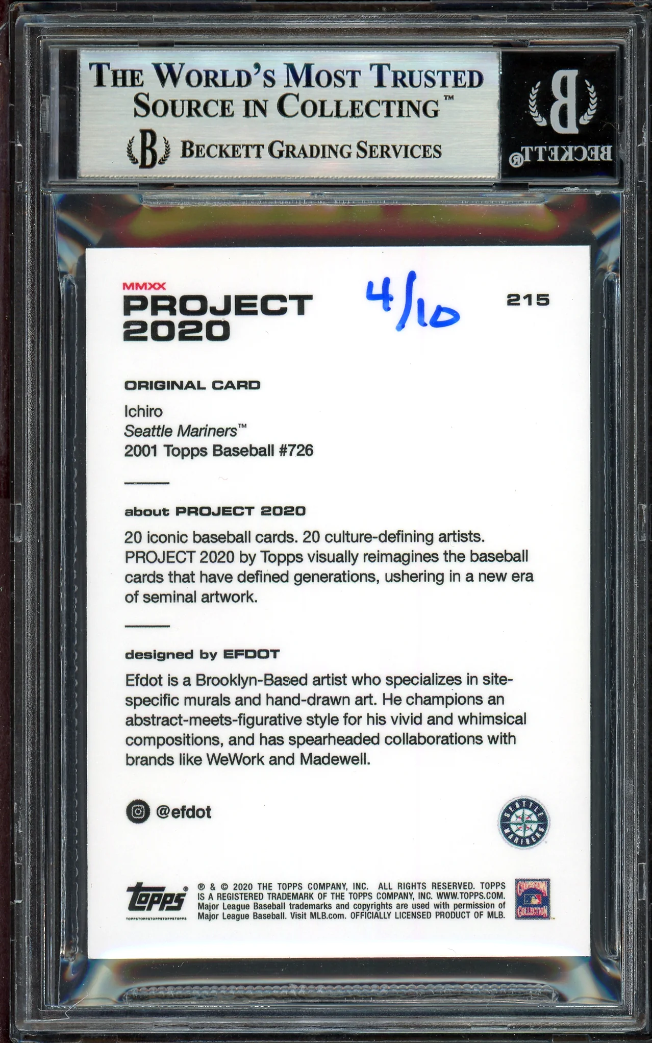 Ichiro Suzuki Autographed Topps Project 2020 Efdot Card #215 Seattle Mariners Gold #/10 Beckett BAS Stock #201123 - Image 2