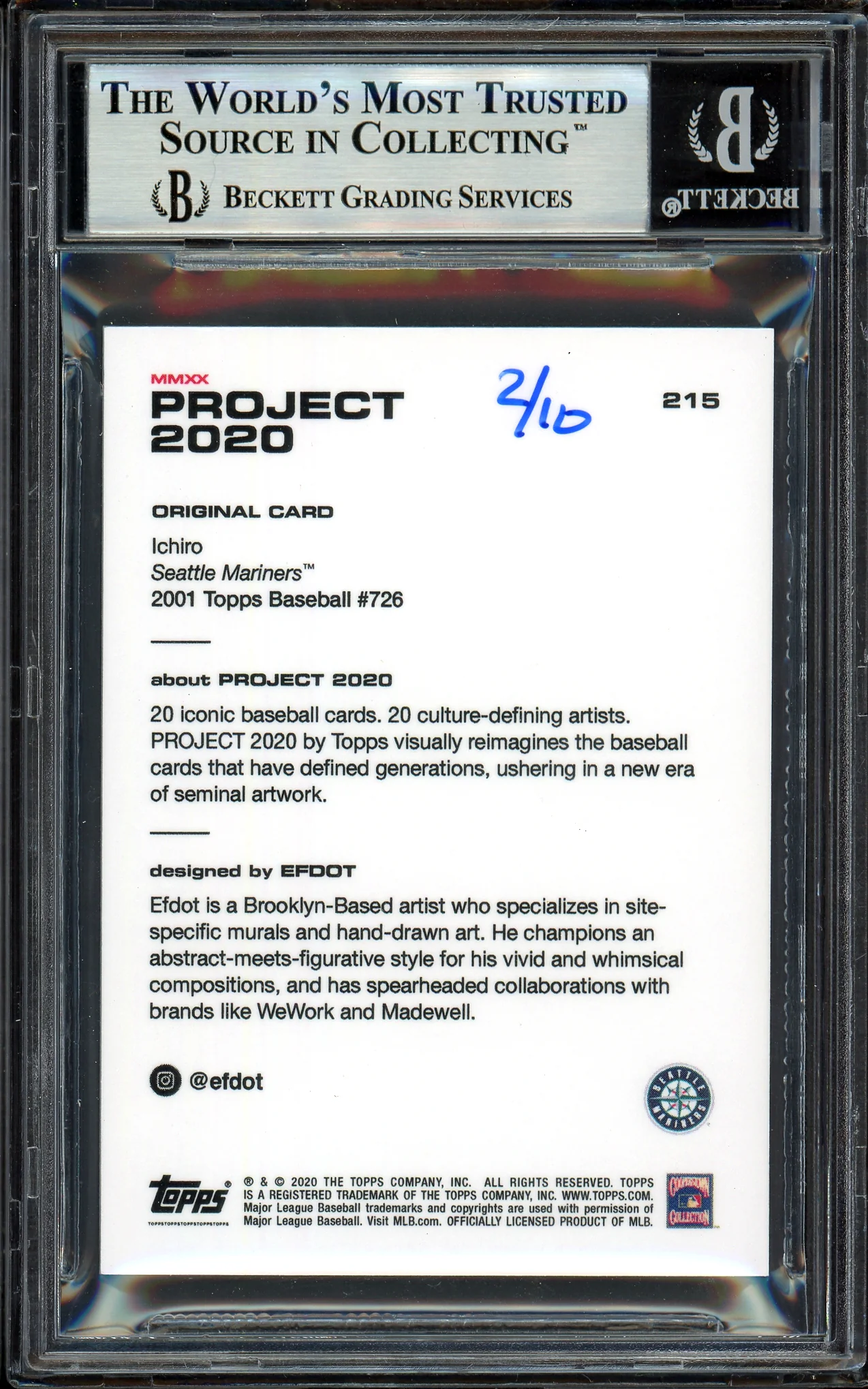 Ichiro Suzuki Autographed Topps Project 2020 Efdot Card #215 Seattle Mariners Silver #/10 Beckett BAS Stock #201124 - Image 2