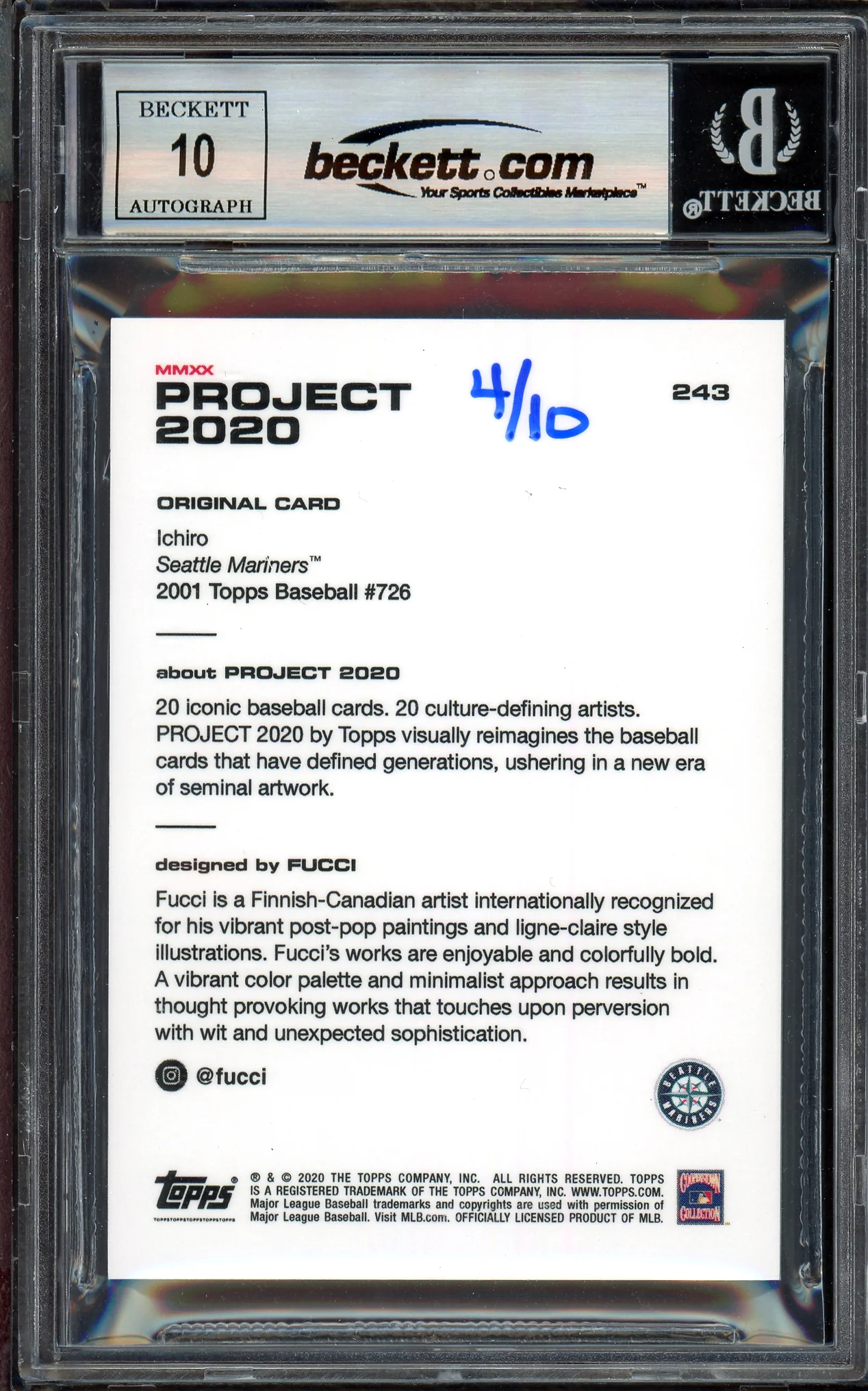 Ichiro Suzuki Autographed Topps Project 2020 Fucci Card #243 Seattle Mariners Auto Grade Gem Mint 10 Lime Green #/10 Beckett BAS Stock #201009 - Image 2