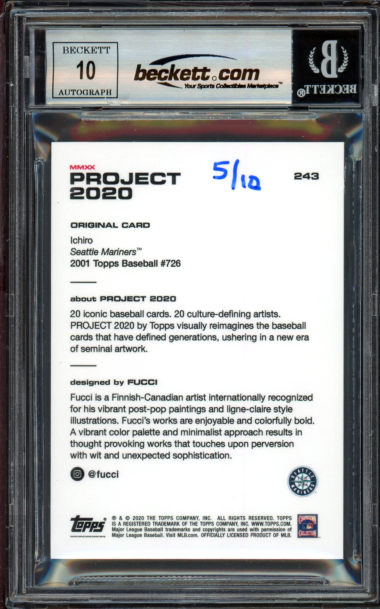 Ichiro Suzuki Autographed Topps Project 2020 Fucci Card #243 Seattle Mariners Auto Grade Gem Mint 10 Teal #5/10 Beckett BAS #13713089 - Image 2