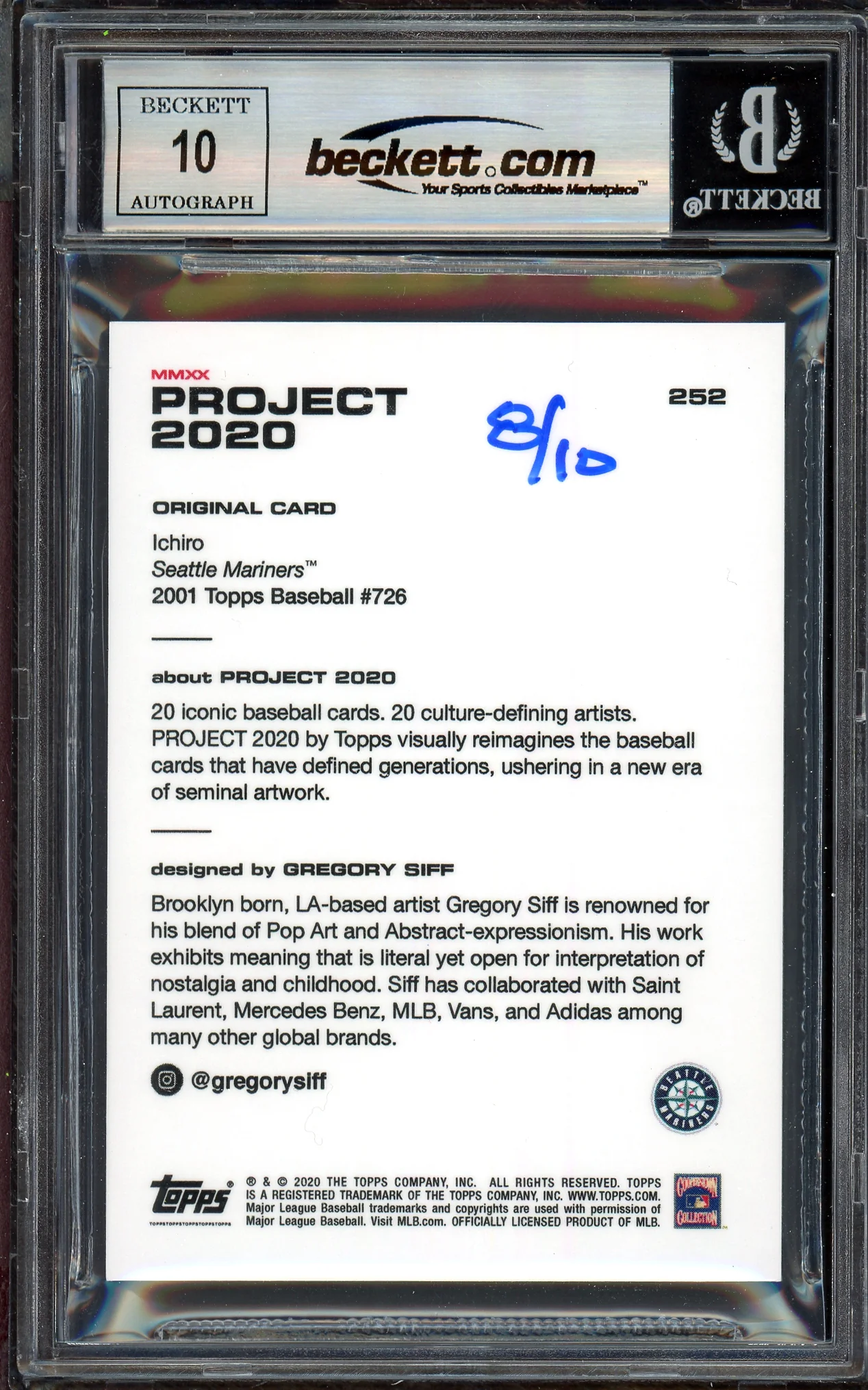 Ichiro Suzuki Autographed Topps Project 2020 Gregory Siff Card #252 Seattle Mariners Auto Grade Gem Mint 10 Blue #/10 Beckett BAS Stock #201013 - Image 2