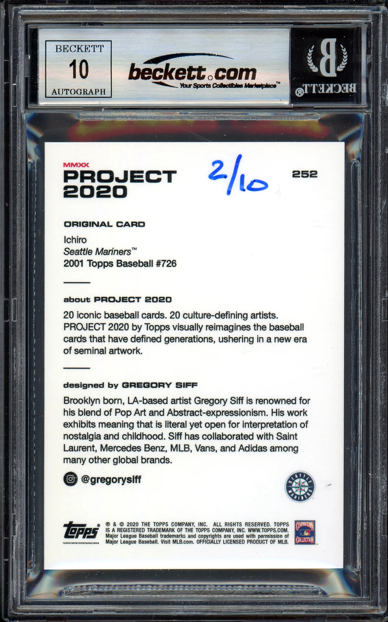 Ichiro Suzuki Autographed Topps Project 2020 Gregory Siff Card #252 Seattle Mariners Auto Grade Gem Mint 10 Teal #/10 Beckett BAS Stock #201016 - Image 2