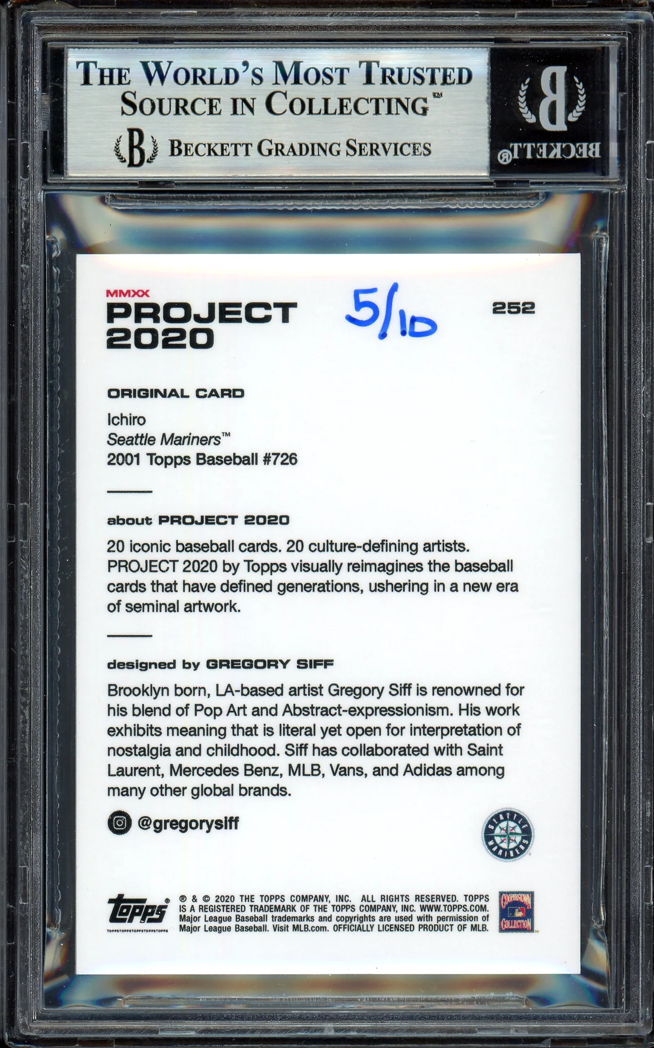 Ichiro Suzuki Autographed Topps Project 2020 Gregory Siff Card #252 Seattle Mariners Black #5/10 Beckett BAS #13714255 - Image 2