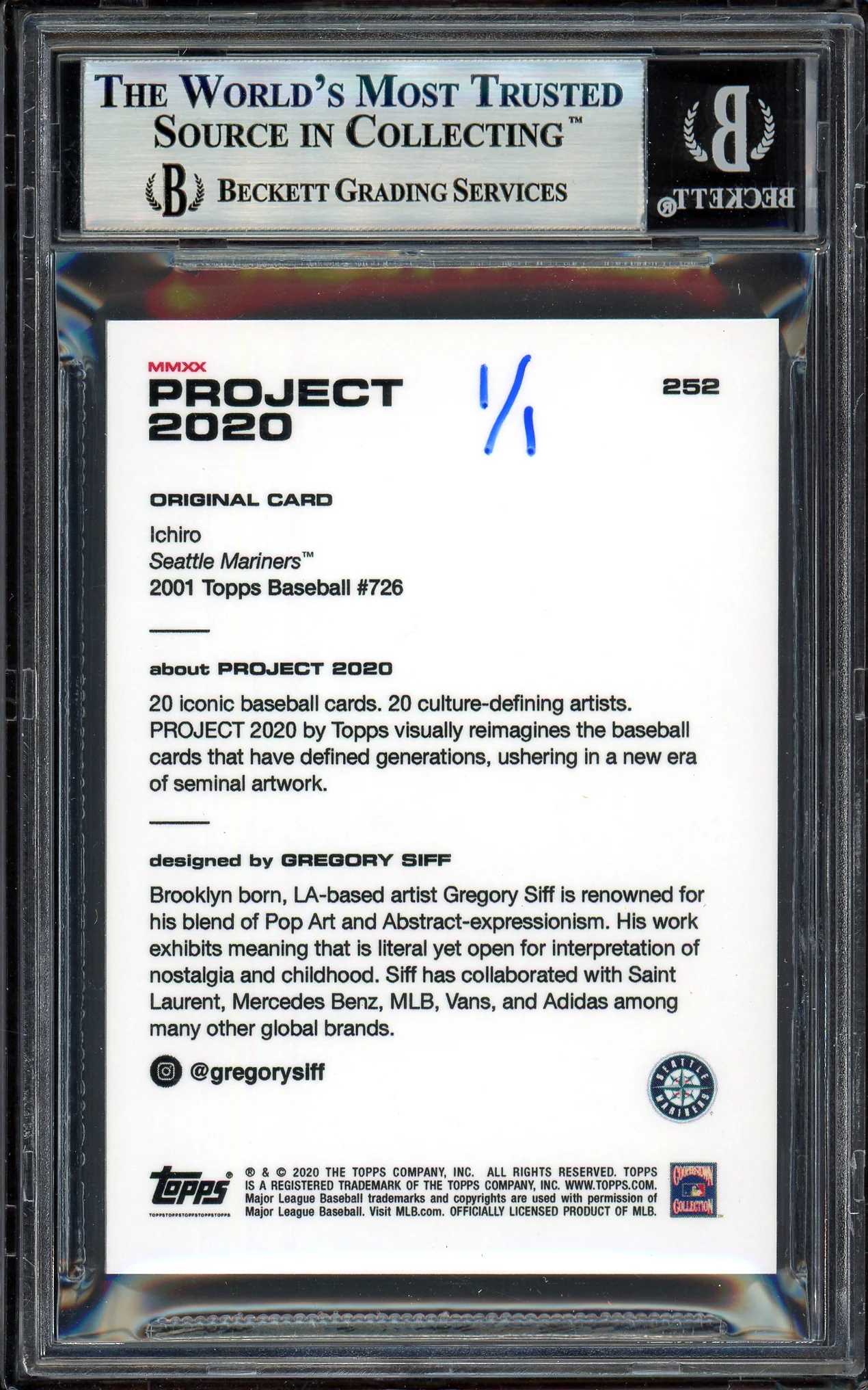 Ichiro Suzuki Autographed Topps Project 2020 Gregory Siff Card #252 Seattle Mariners Silver #1/1 Beckett BAS #13714143 - Image 2