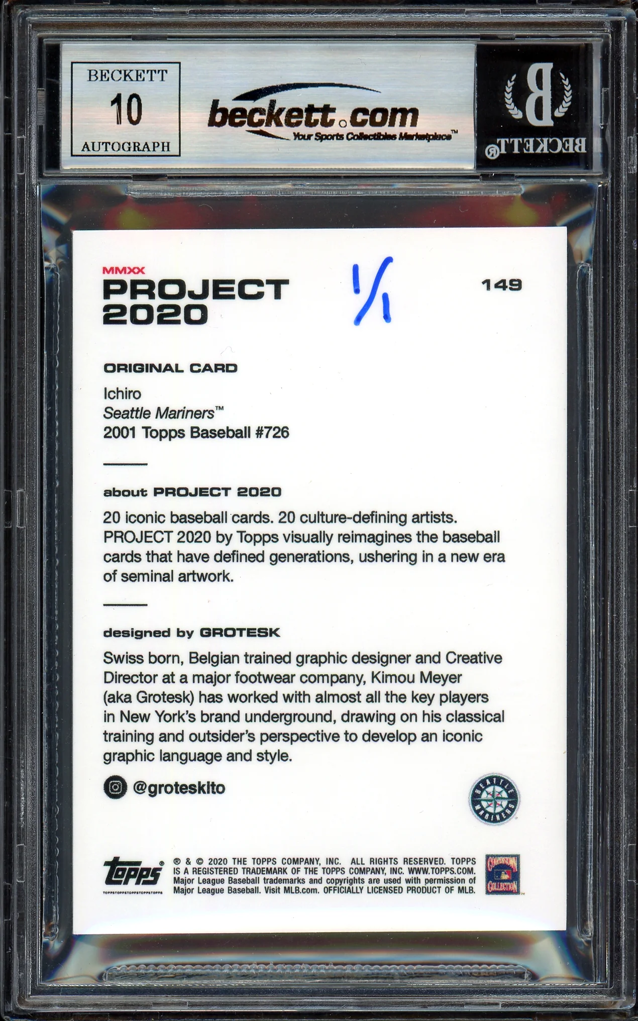 Ichiro Suzuki Autographed Topps Project 2020 Grotesk Card #149 Seattle Mariners Auto Grade Gem Mint 10 "01 ROY/MVP" Blue #1/1 Beckett BAS #13712641 - Image 2