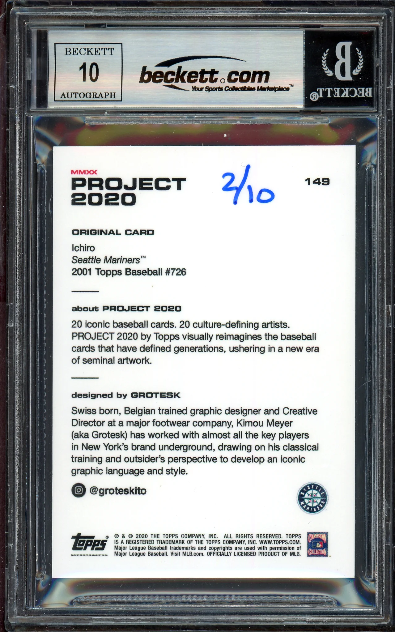 Ichiro Suzuki Autographed Topps Project 2020 Grotesk Card #149 Seattle Mariners Auto Grade Gem Mint 10 Black #2/10 Beckett BAS #13712776 - Image 2